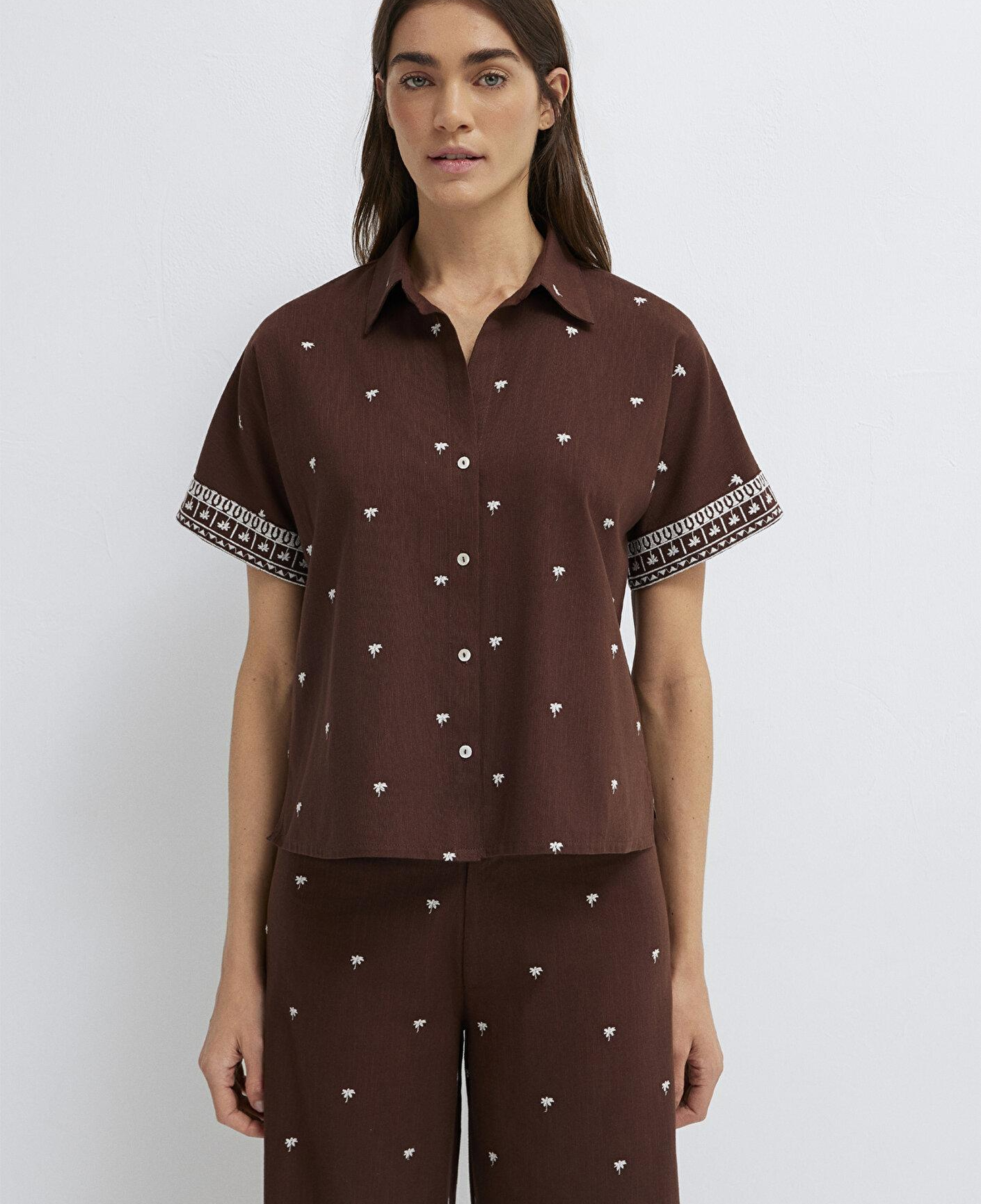 Mavi Etnik Baskılı Kahverengi Gömlek Loose Fit / Bol Rahat Kesim 1211439-91493