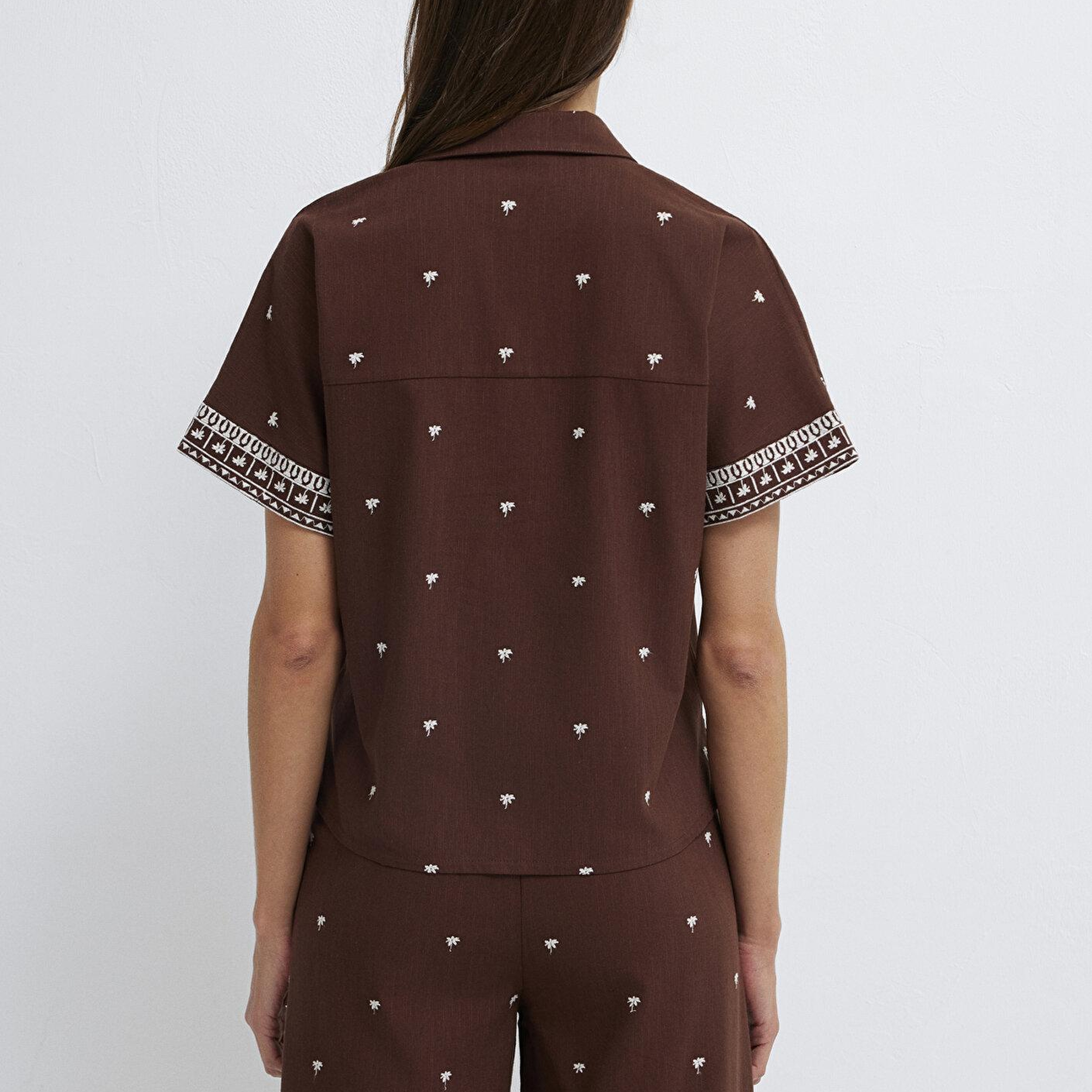 Mavi Etnik Baskılı Kahverengi Gömlek Loose Fit / Bol Rahat Kesim 1211439-91493