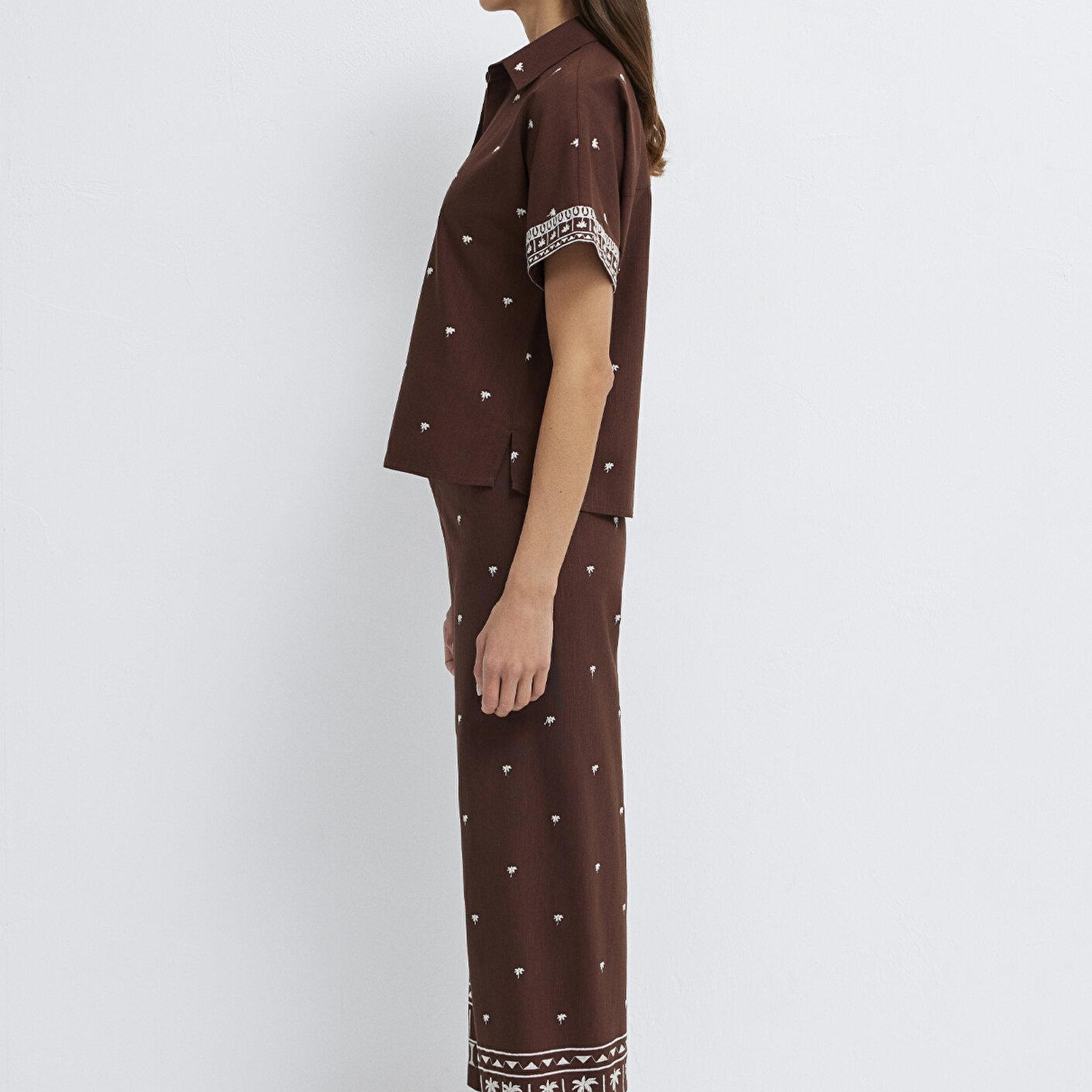 Mavi Etnik Baskılı Kahverengi Gömlek Loose Fit / Bol Rahat Kesim 1211439-91493