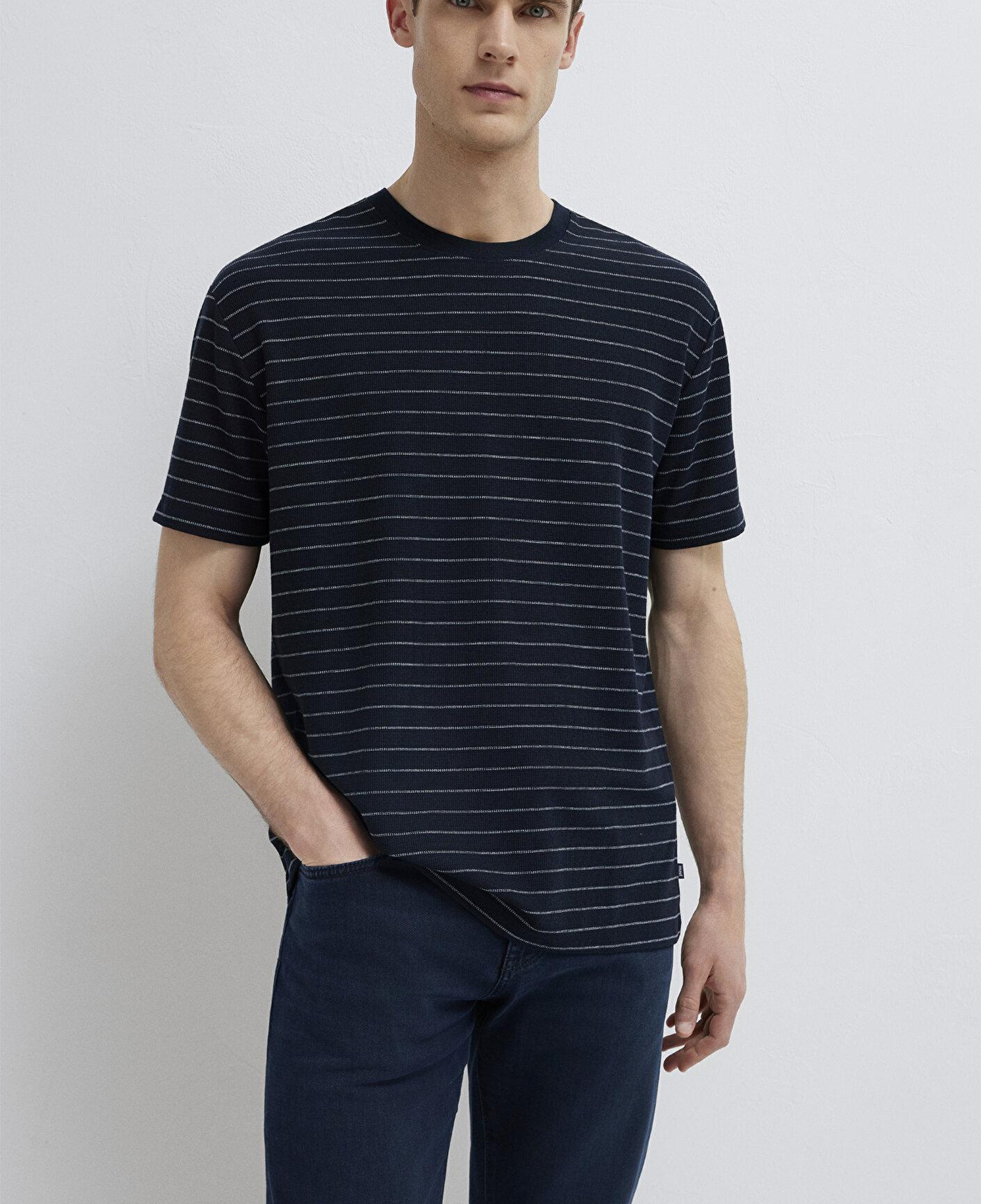 Mavi Çizgili Lacivert Tişört Loose Fit / Bol Rahat Kesim 0613334-70497