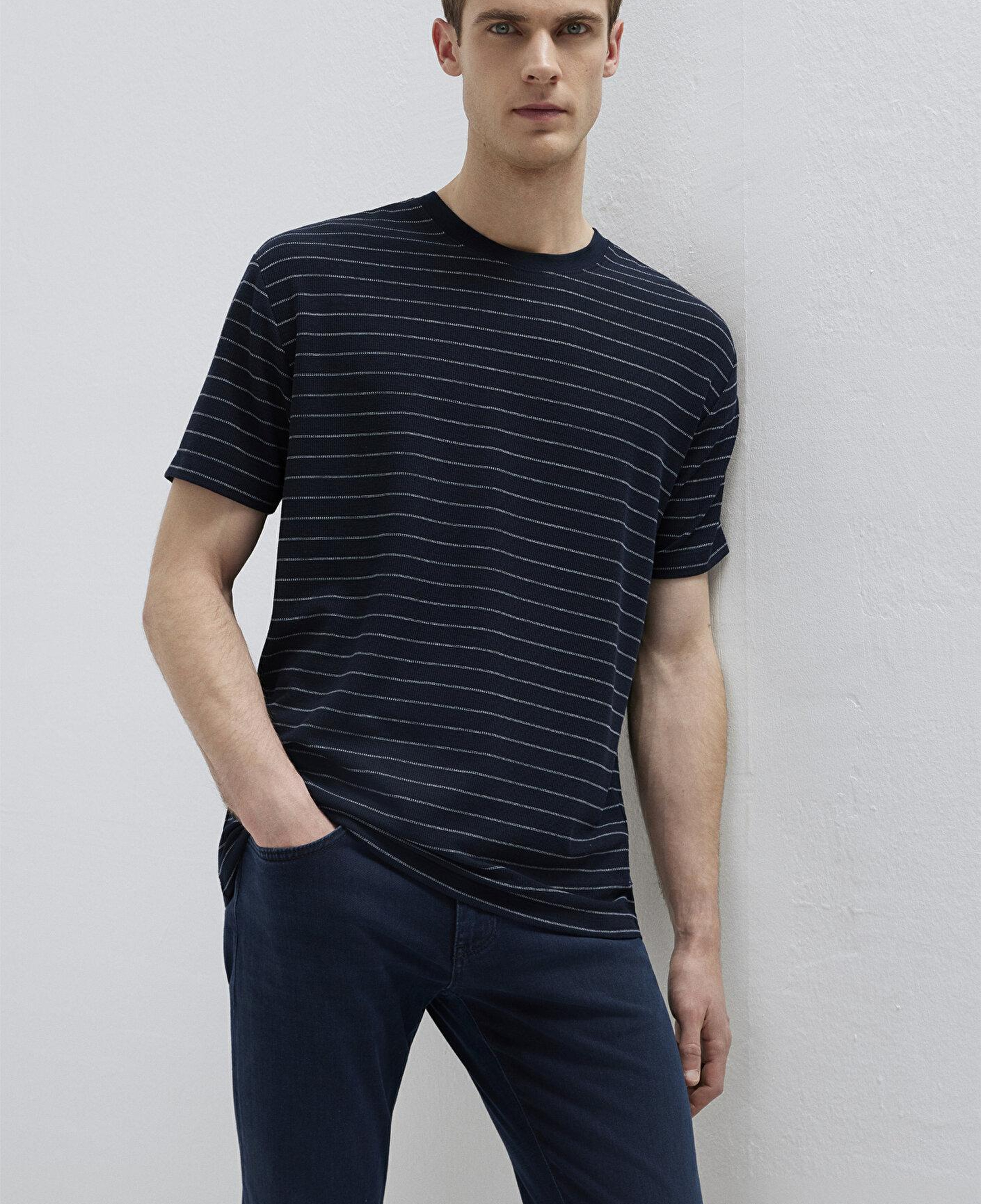 Mavi Çizgili Lacivert Tişört Loose Fit / Bol Rahat Kesim 0613334-70497