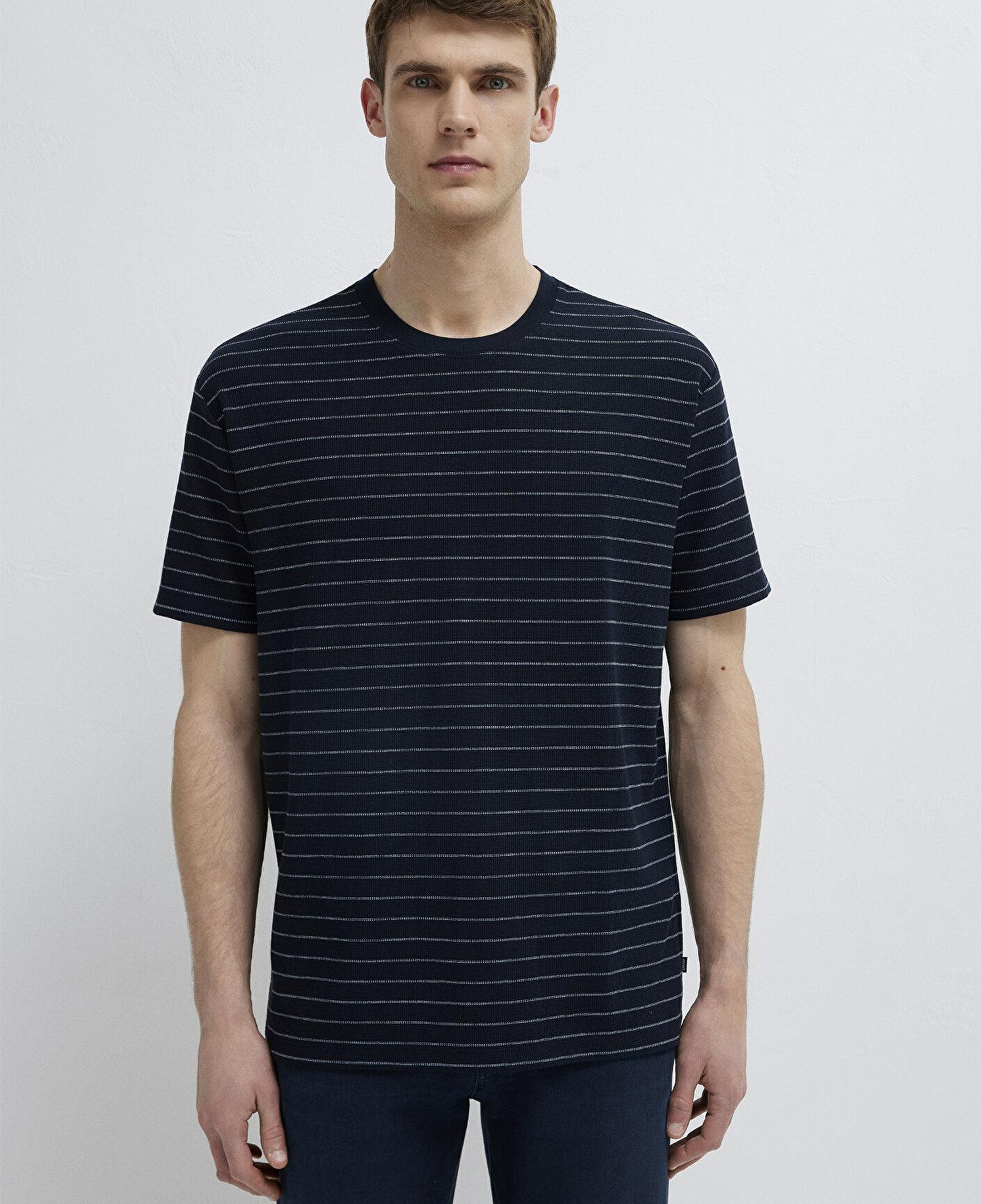 Mavi Çizgili Lacivert Tişört Loose Fit / Bol Rahat Kesim 0613334-70497