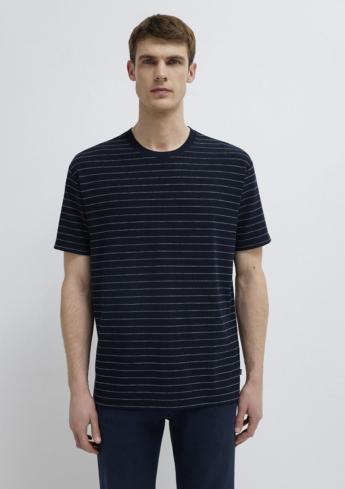 Mavi Çizgili Lacivert Tişört Loose Fit / Bol Rahat Kesim 0613334-70497