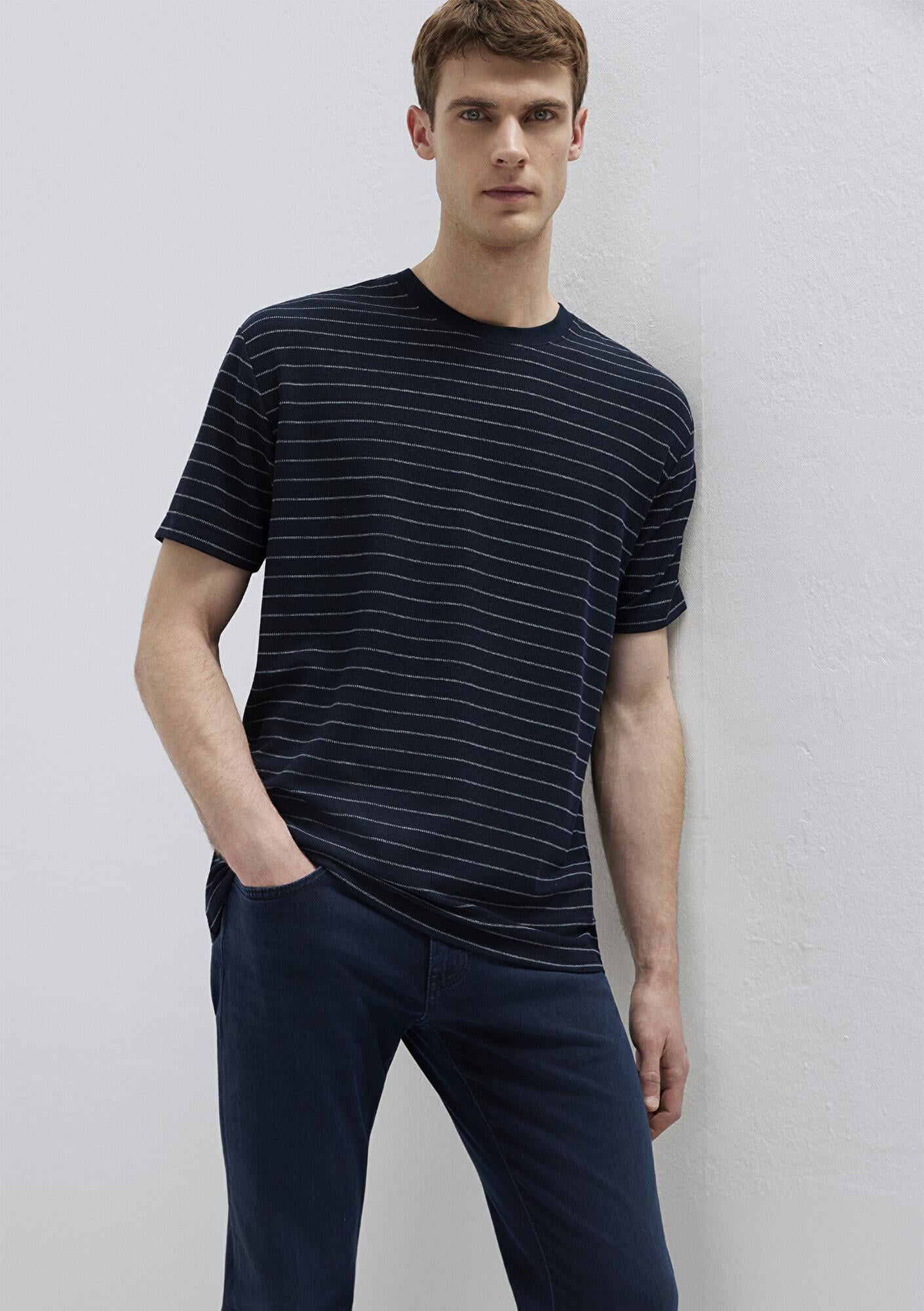 Mavi Çizgili Lacivert Tişört Loose Fit / Bol Rahat Kesim 0613334-70497