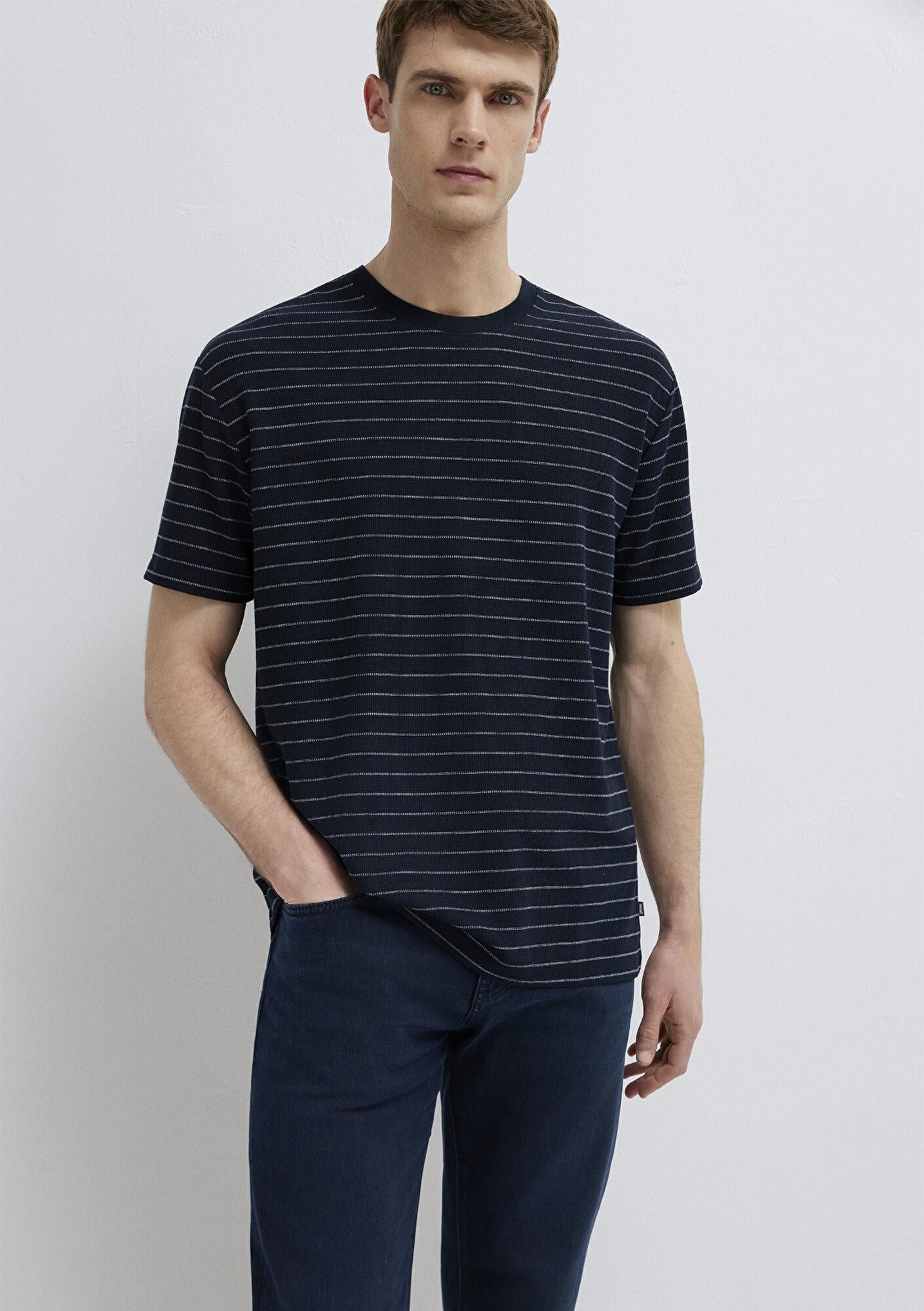 Mavi Çizgili Lacivert Tişört Loose Fit / Bol Rahat Kesim 0613334-70497