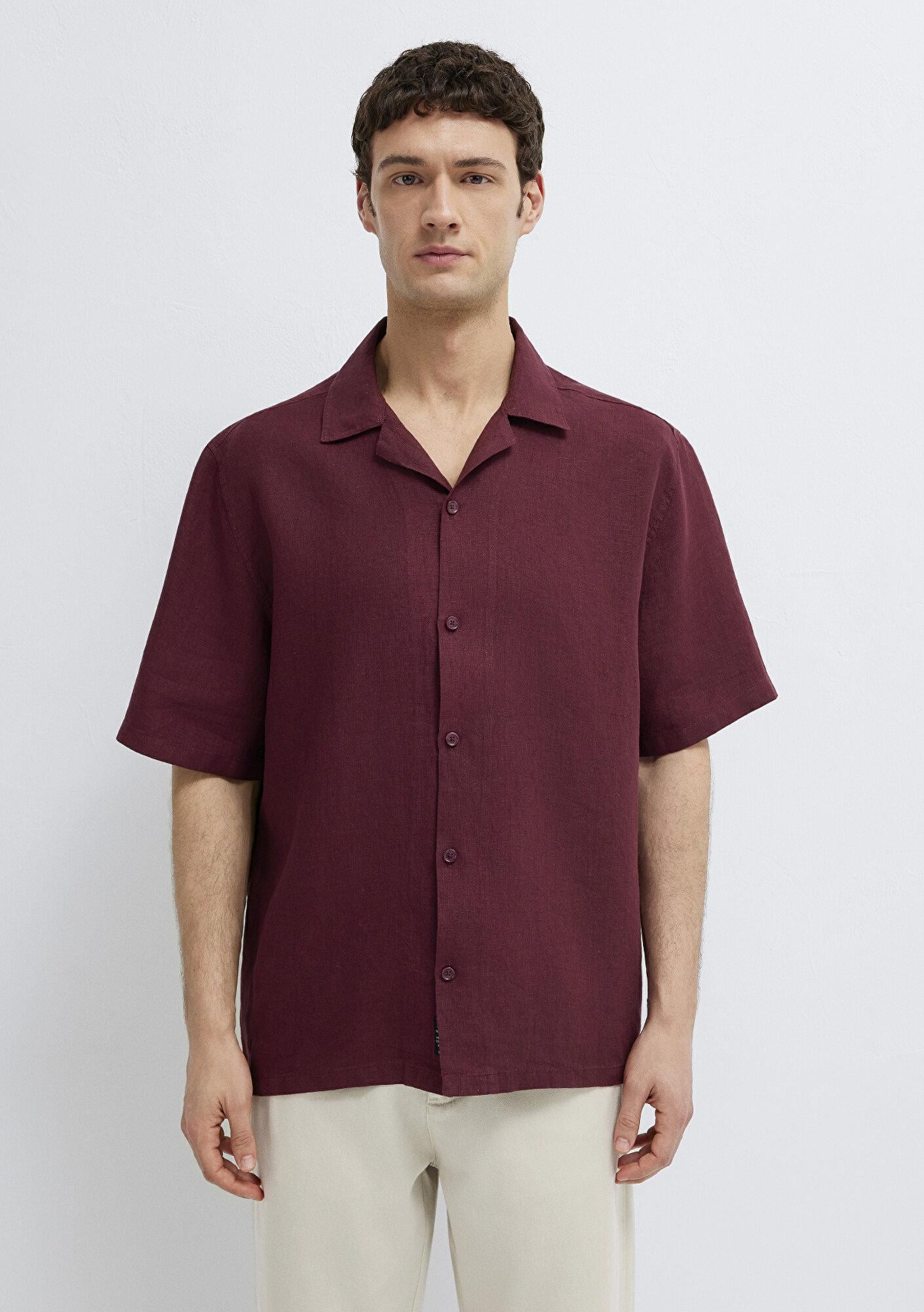 Mavi Bordo Keten Gömlek Loose Fit / Bol Rahat Kesim 0211962-70426