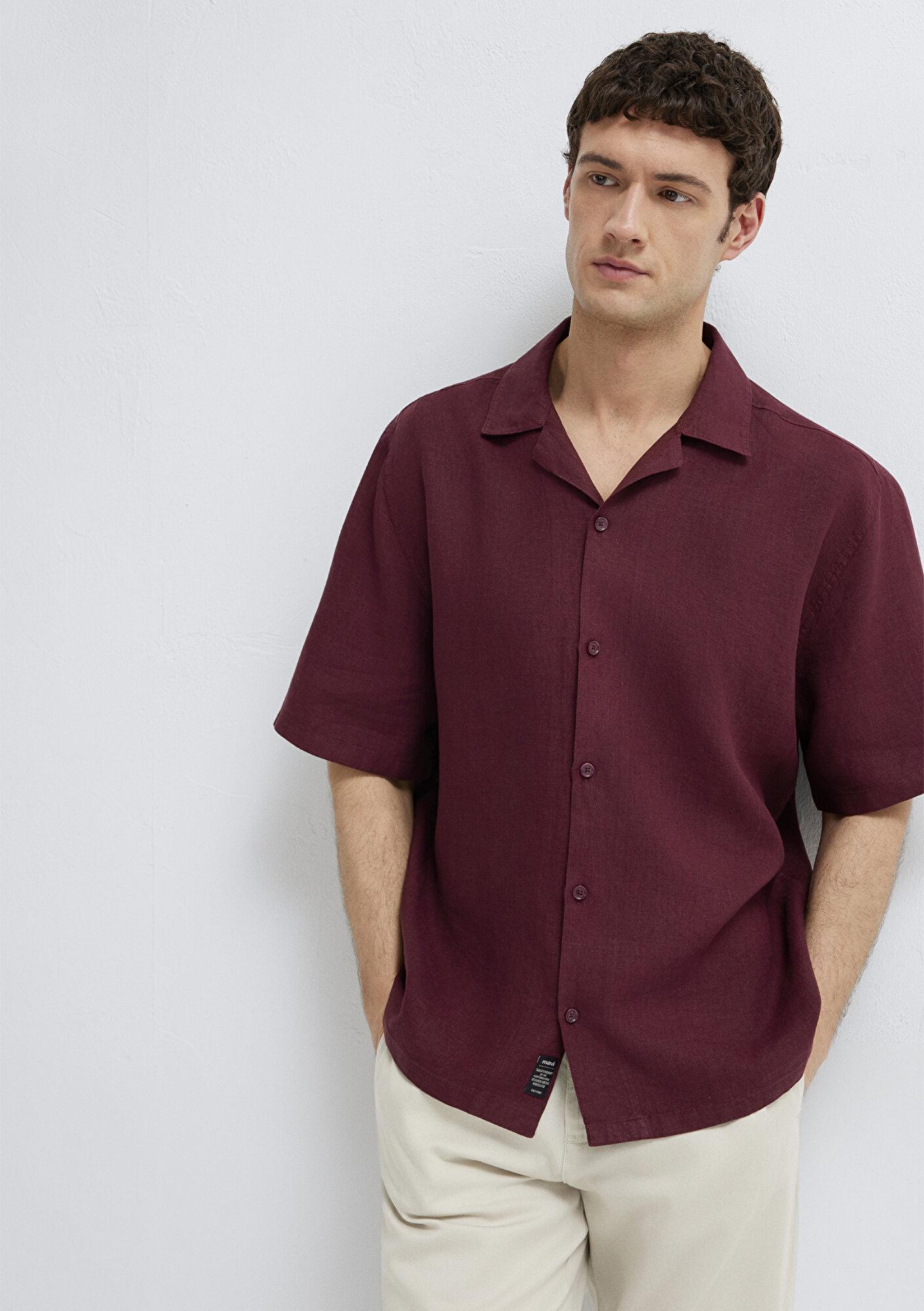 Mavi Bordo Keten Gömlek Loose Fit / Bol Rahat Kesim 0211962-70426