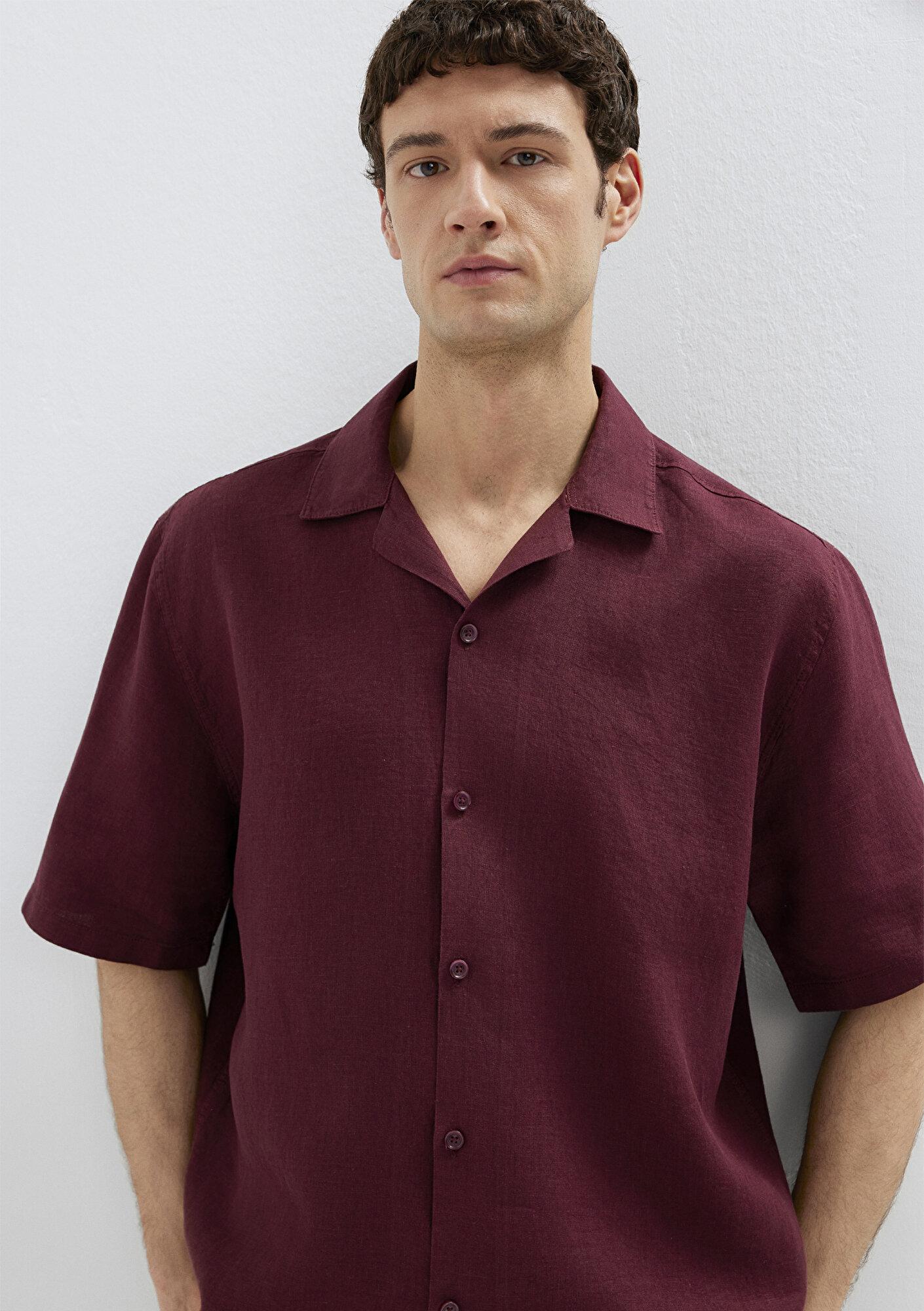 Mavi Bordo Keten Gömlek Loose Fit / Bol Rahat Kesim 0211962-70426