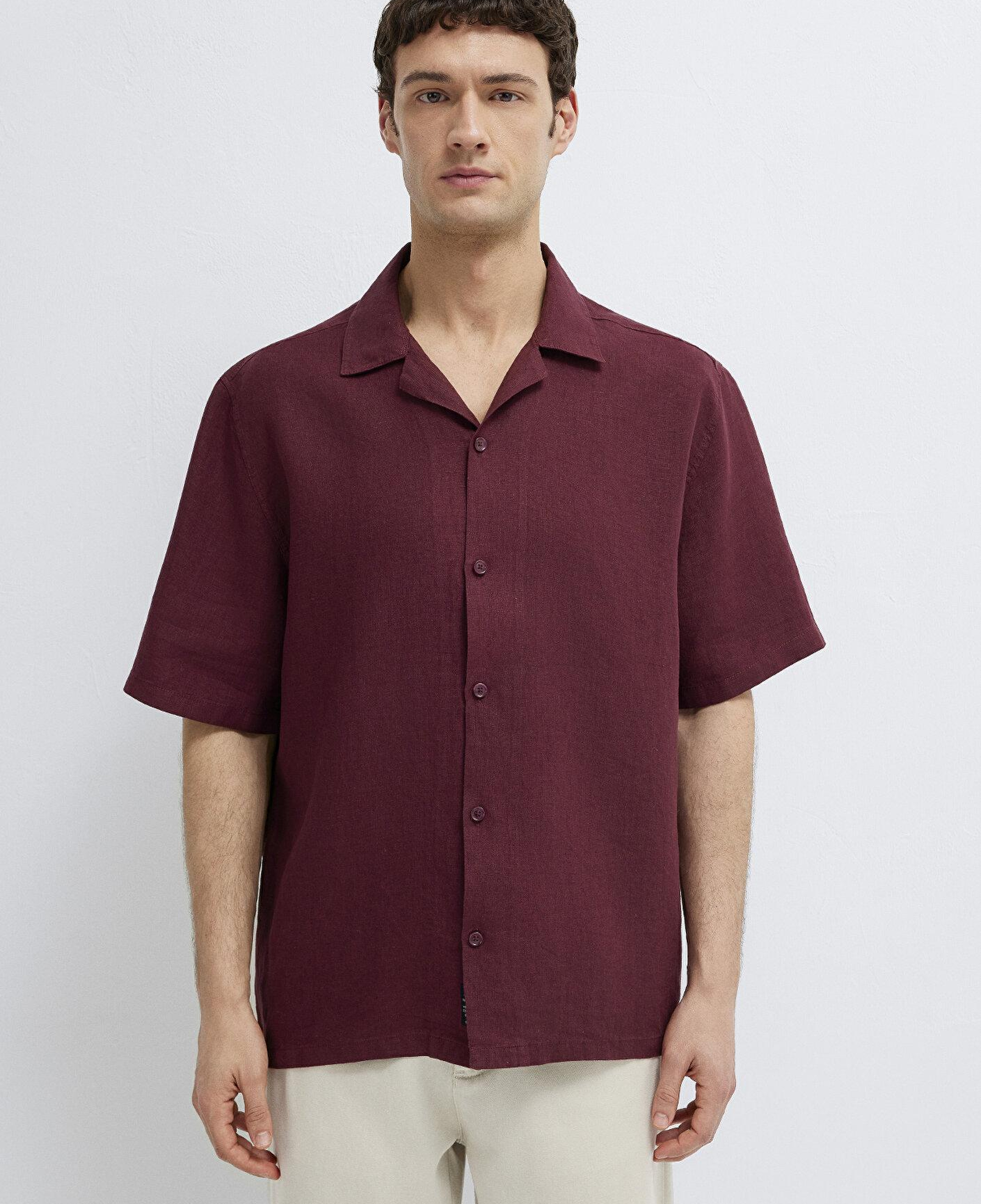 Mavi Bordo Keten Gömlek Loose Fit / Bol Rahat Kesim 0211962-70426