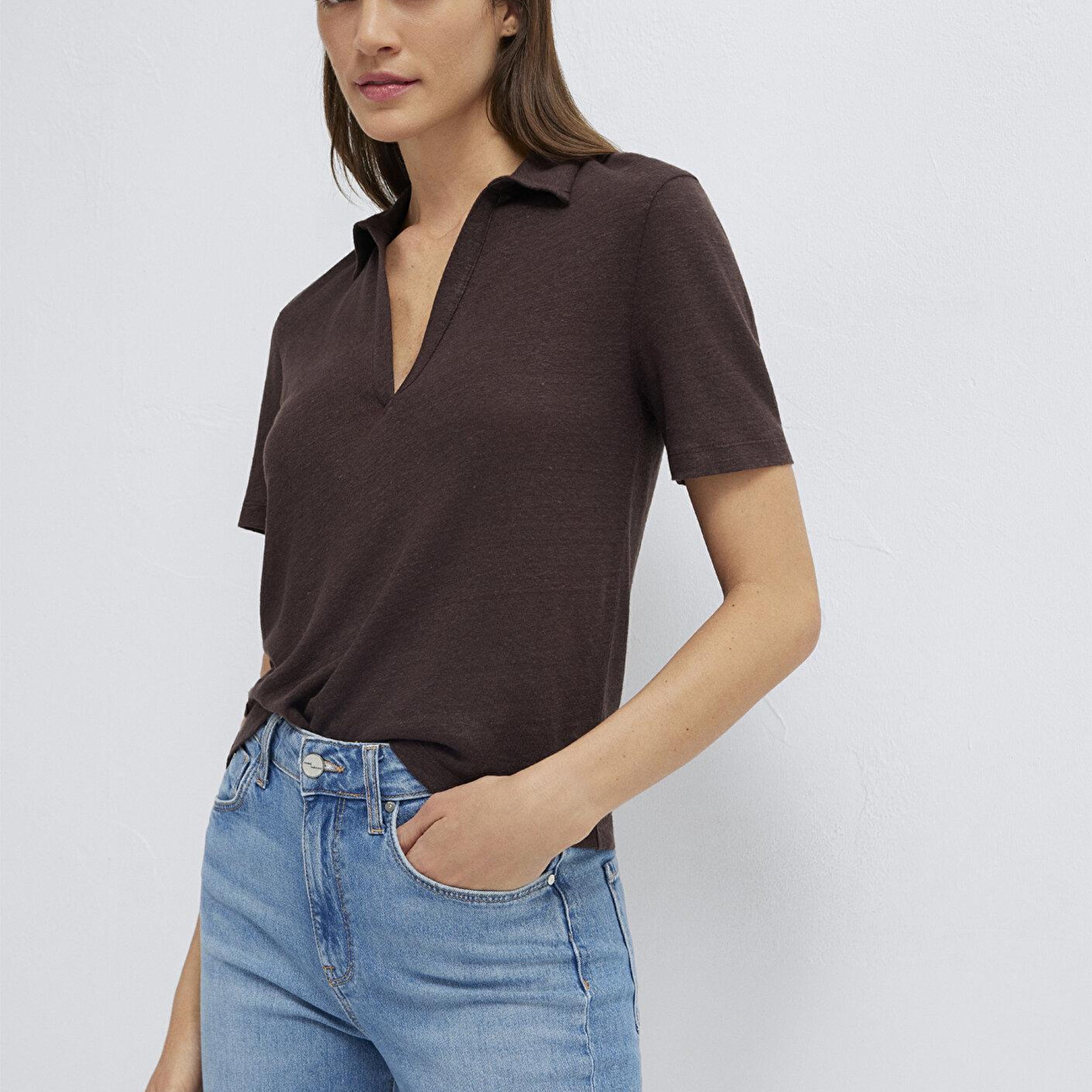 Mavi Kahverengi Keten Tişört Slim Fit / Dar Kesim 1614309-70240
