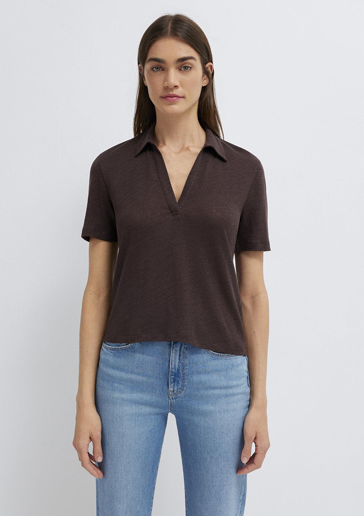 Mavi Kahverengi Keten Tişört Slim Fit / Dar Kesim 1614309-70240