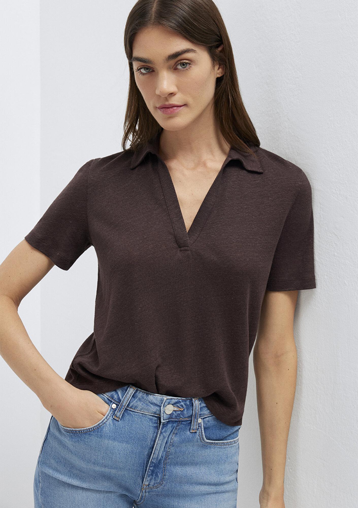 Mavi Kahverengi Keten Tişört Slim Fit / Dar Kesim 1614309-70240