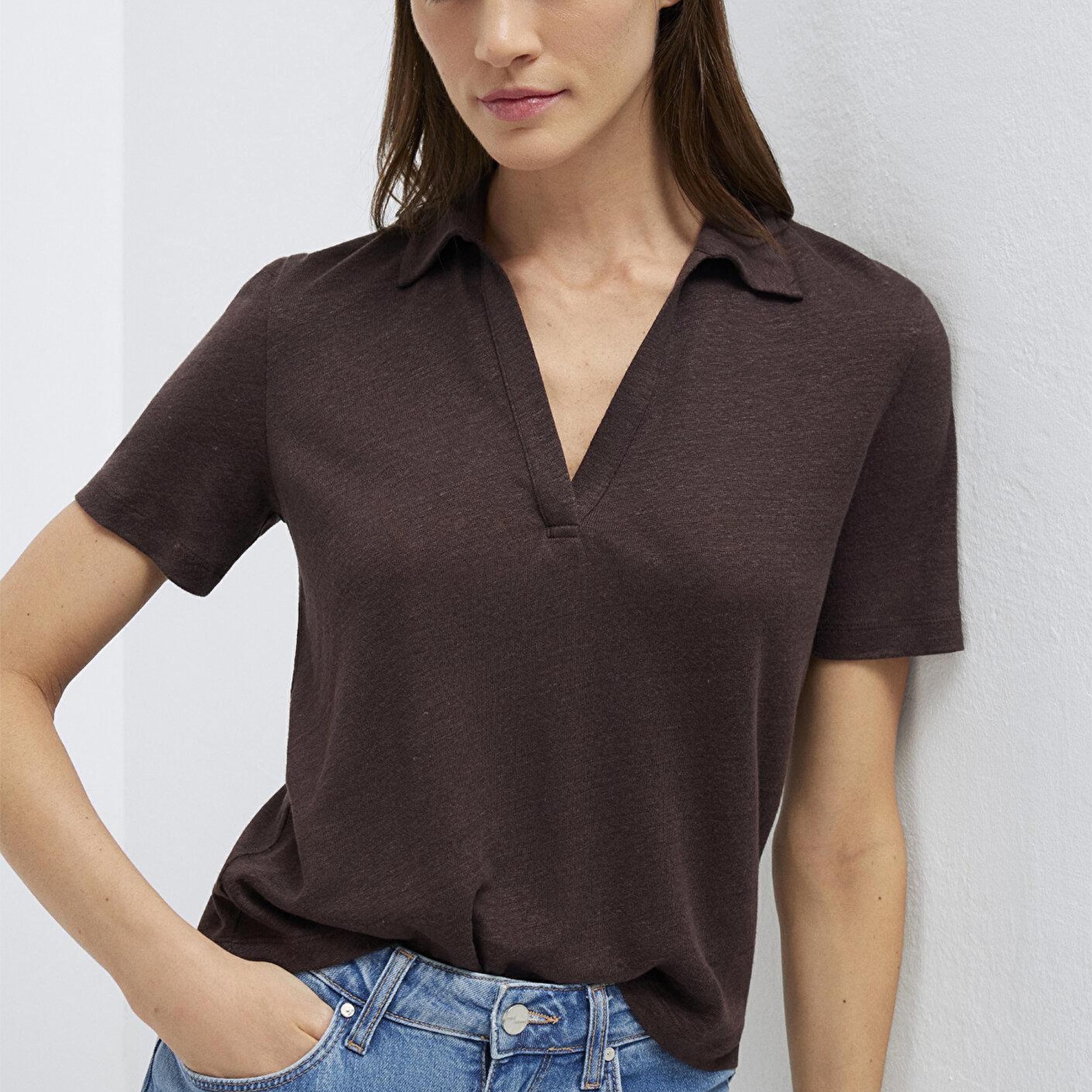 Mavi Kahverengi Keten Tişört Slim Fit / Dar Kesim 1614309-70240