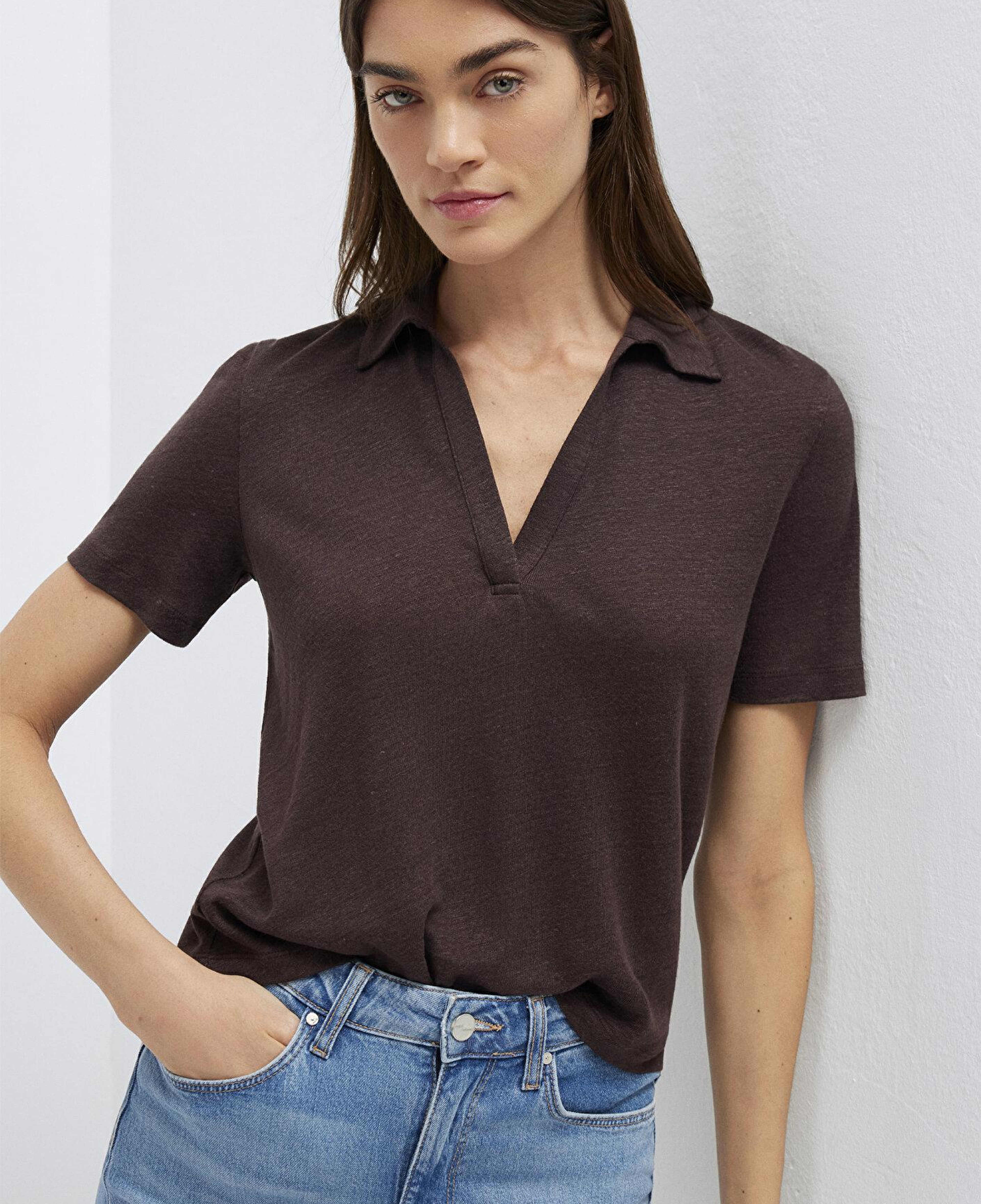 Mavi Kahverengi Keten Tişört Slim Fit / Dar Kesim 1614309-70240