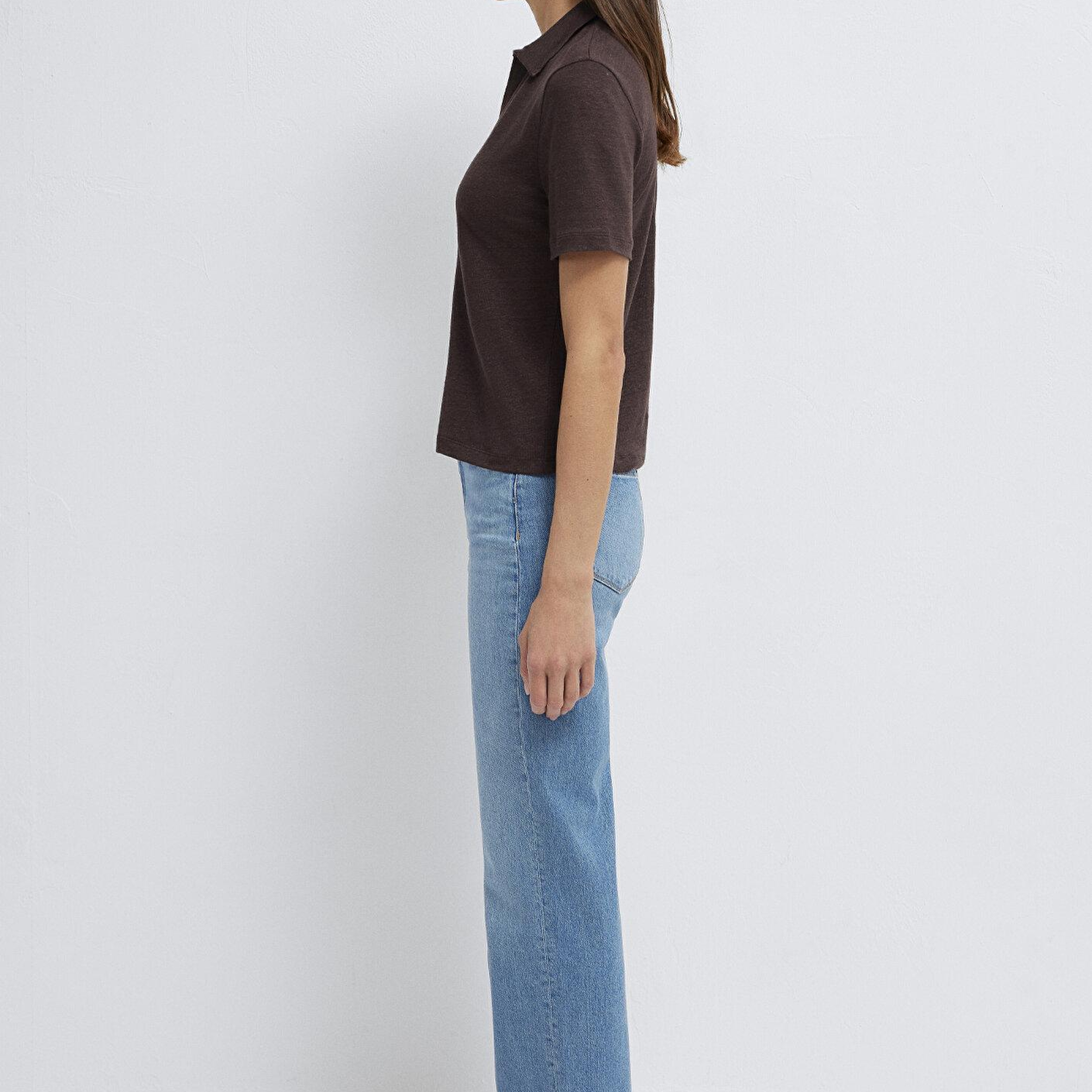 Mavi Kahverengi Keten Tişört Slim Fit / Dar Kesim 1614309-70240