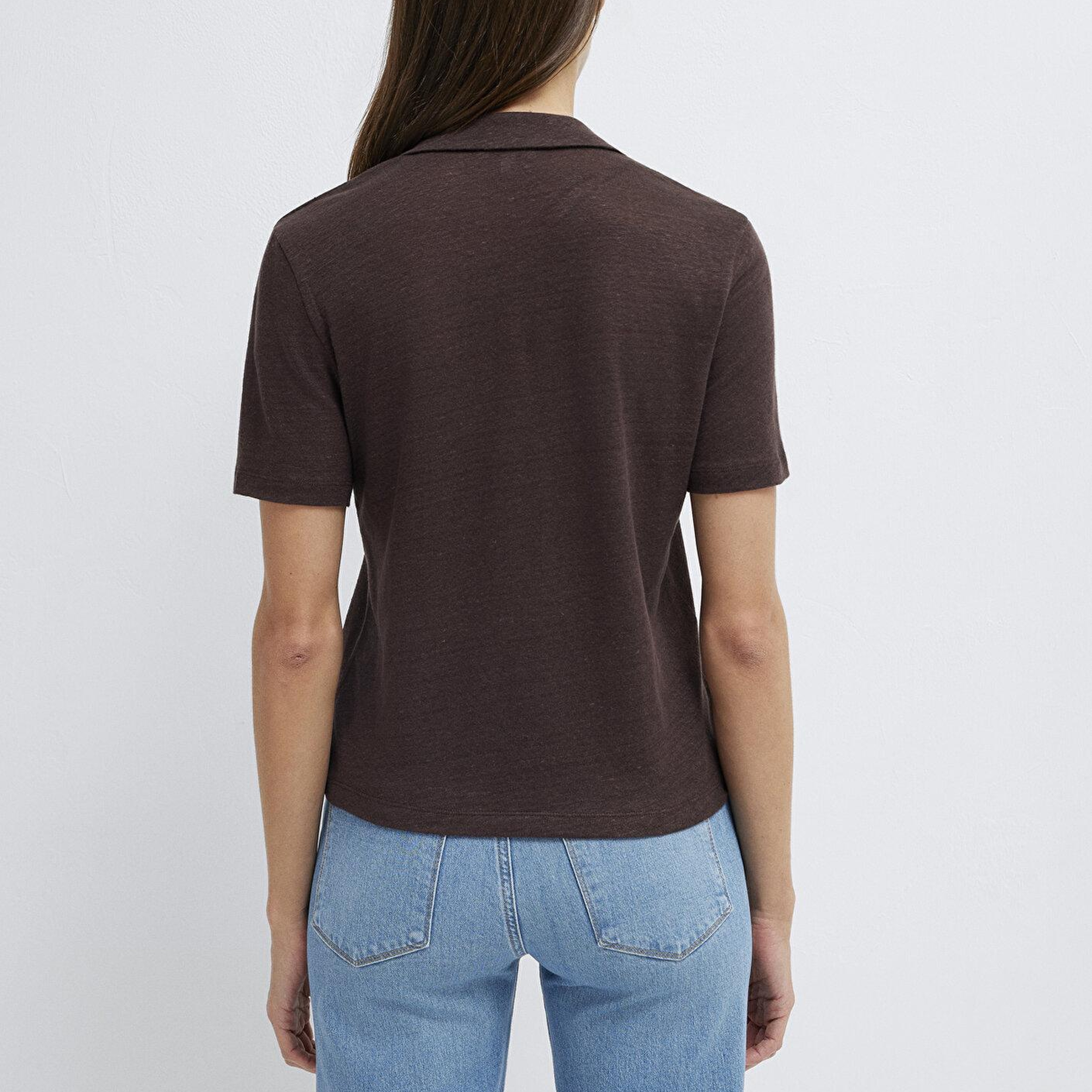 Mavi Kahverengi Keten Tişört Slim Fit / Dar Kesim 1614309-70240