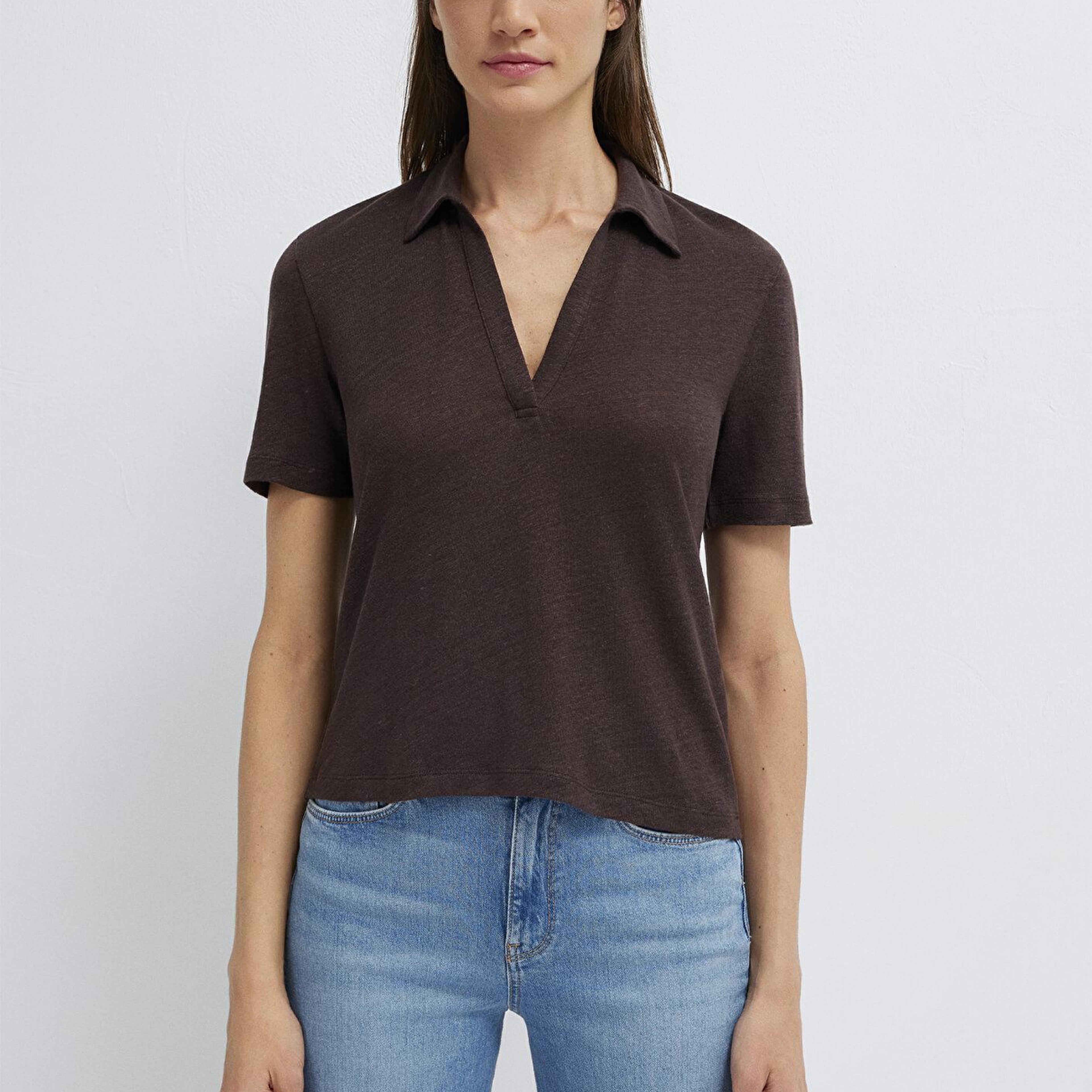 Mavi Kahverengi Keten Tişört Slim Fit / Dar Kesim 1614309-70240
