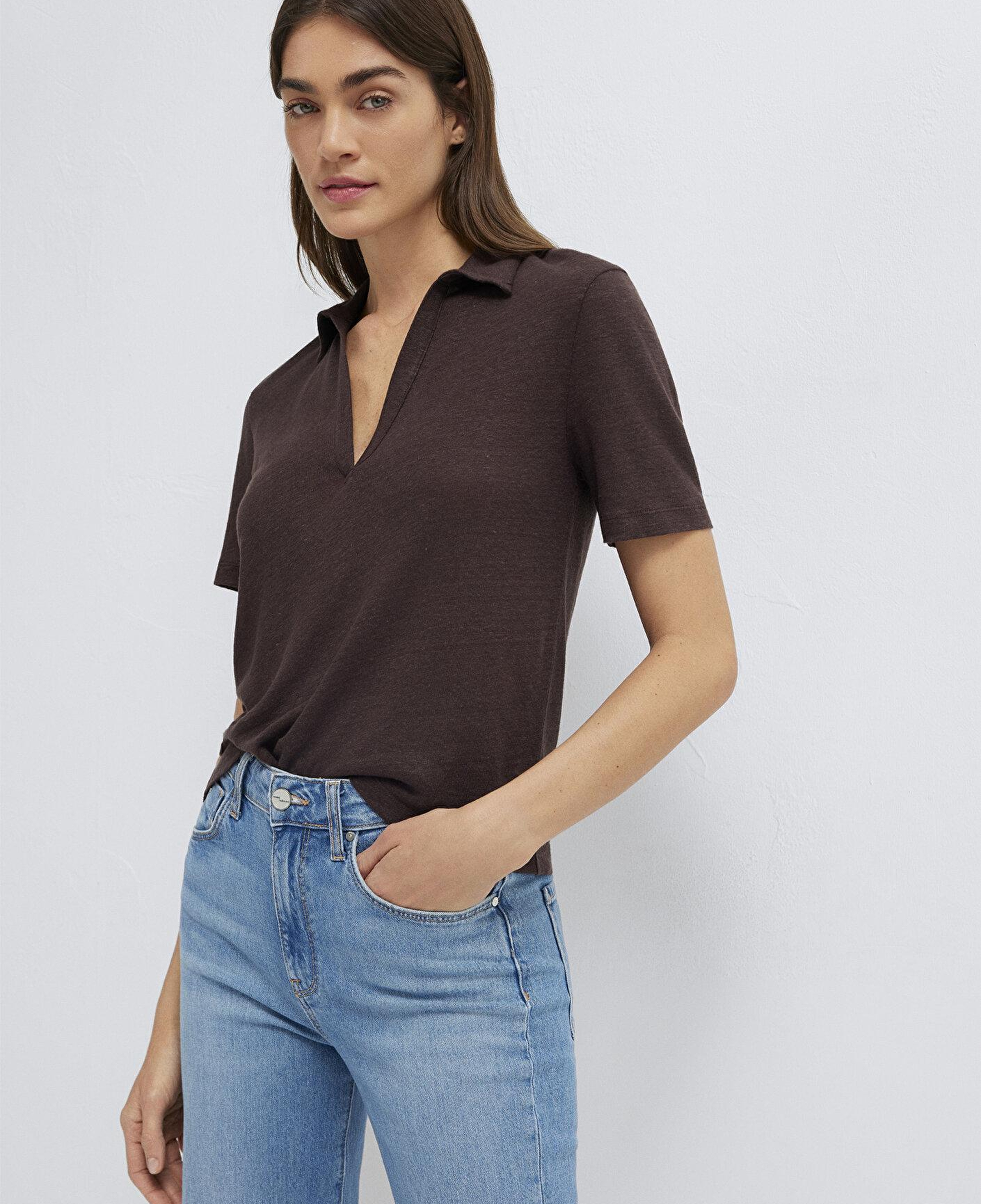 Mavi Kahverengi Keten Tişört Slim Fit / Dar Kesim 1614309-70240