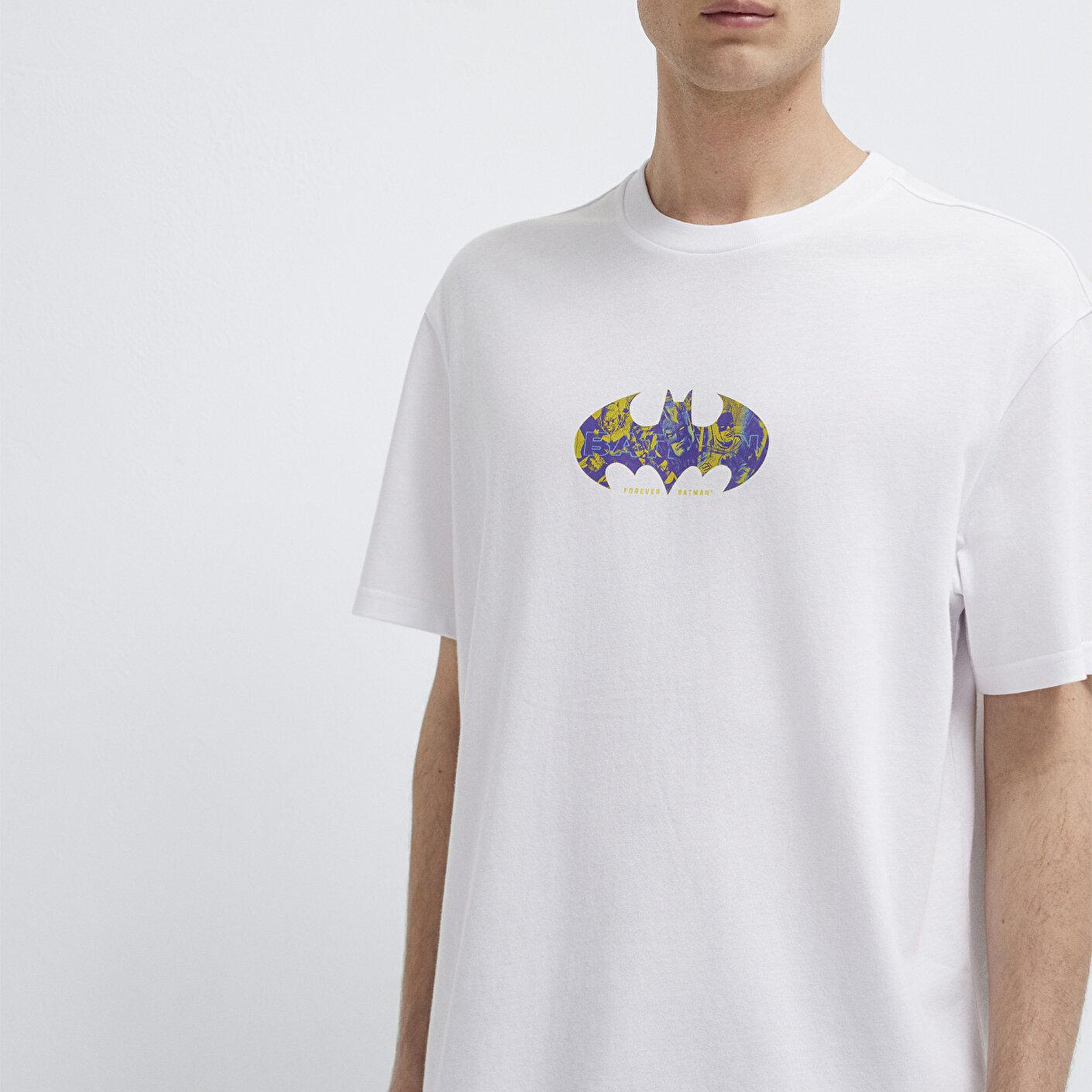 Mavi Batman Baskılı Beyaz Tişört Loose Fit / Bol Rahat Kesim 0613204-620