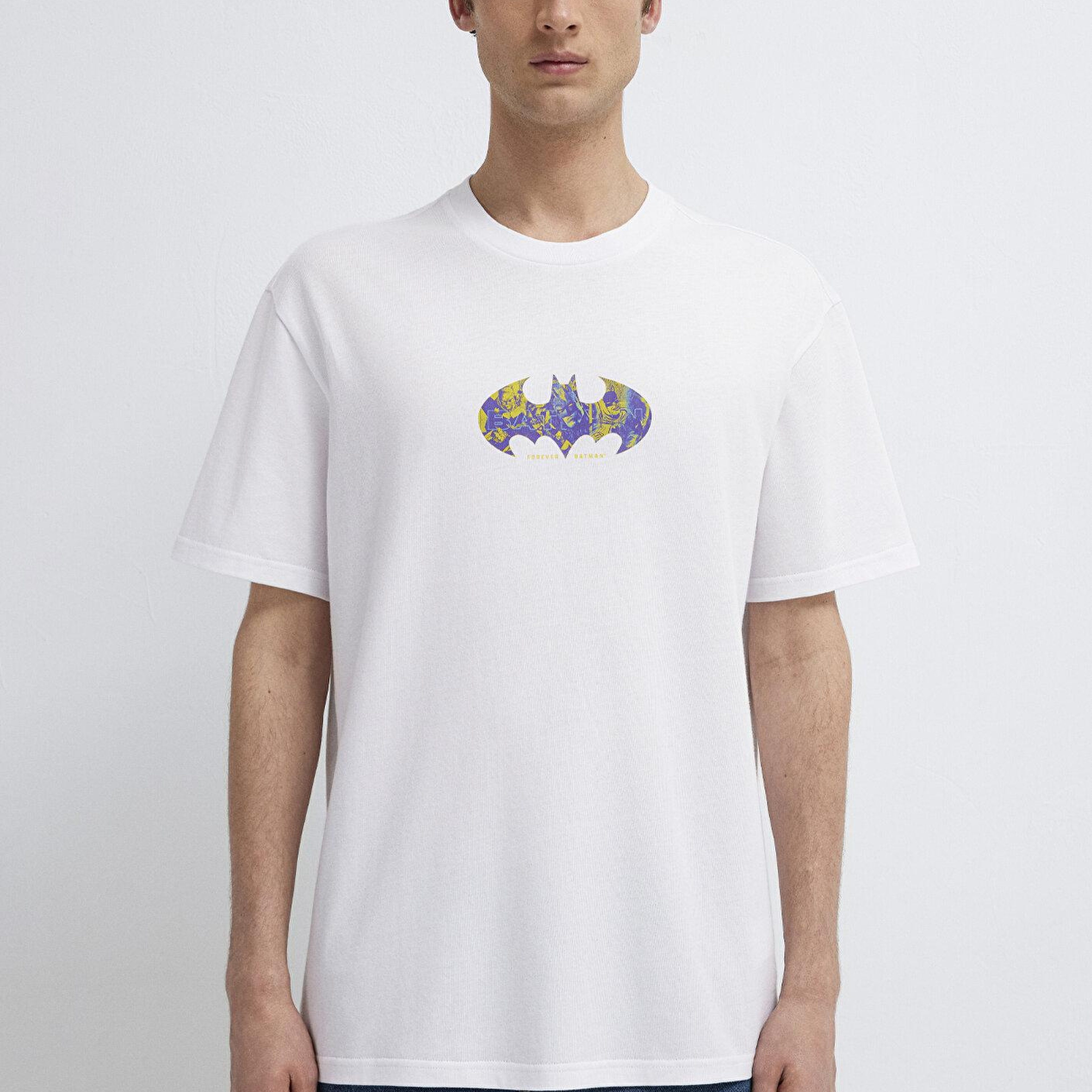 Mavi Batman Baskılı Beyaz Tişört Loose Fit / Bol Rahat Kesim 0613204-620