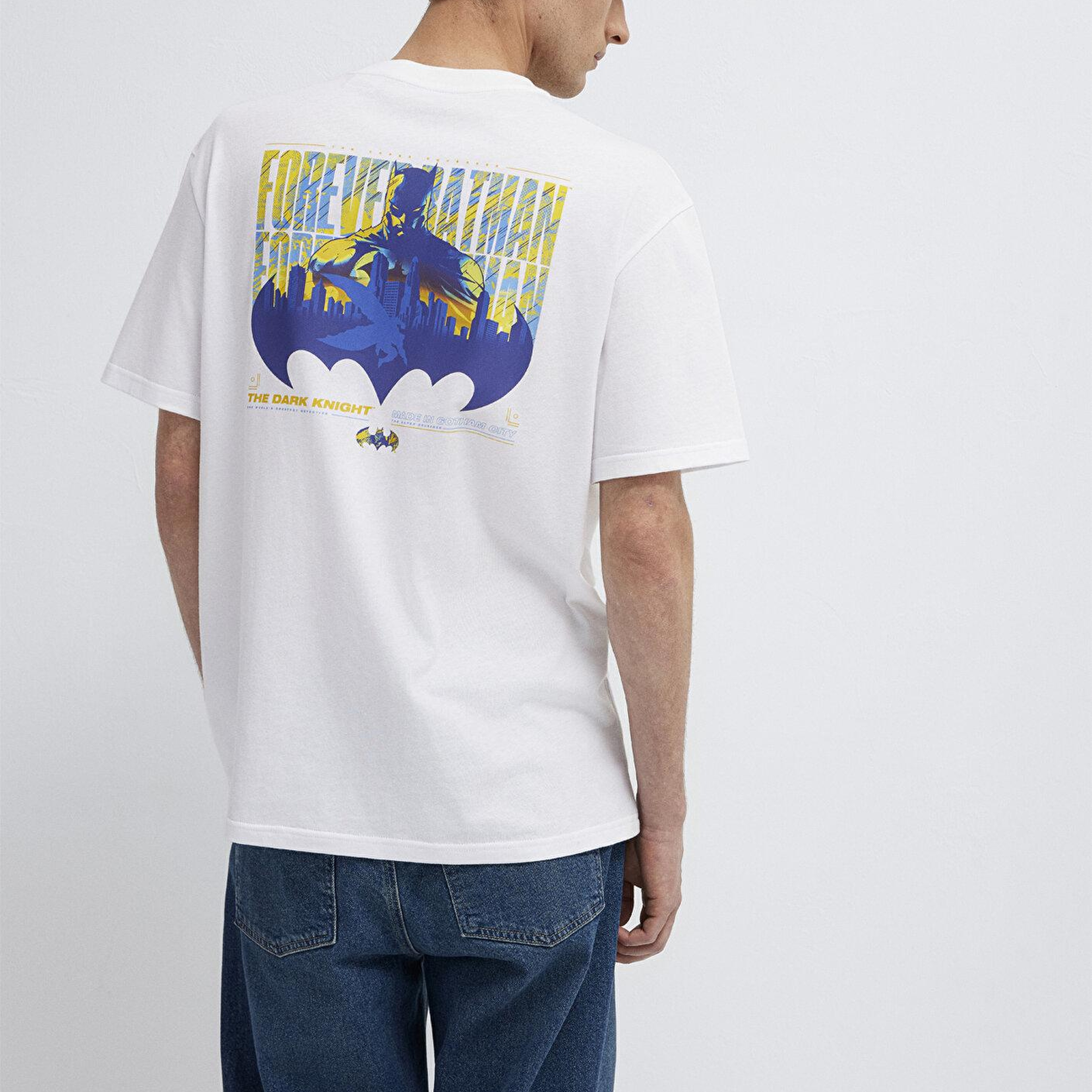 Mavi Batman Baskılı Beyaz Tişört Loose Fit / Bol Rahat Kesim 0613204-620