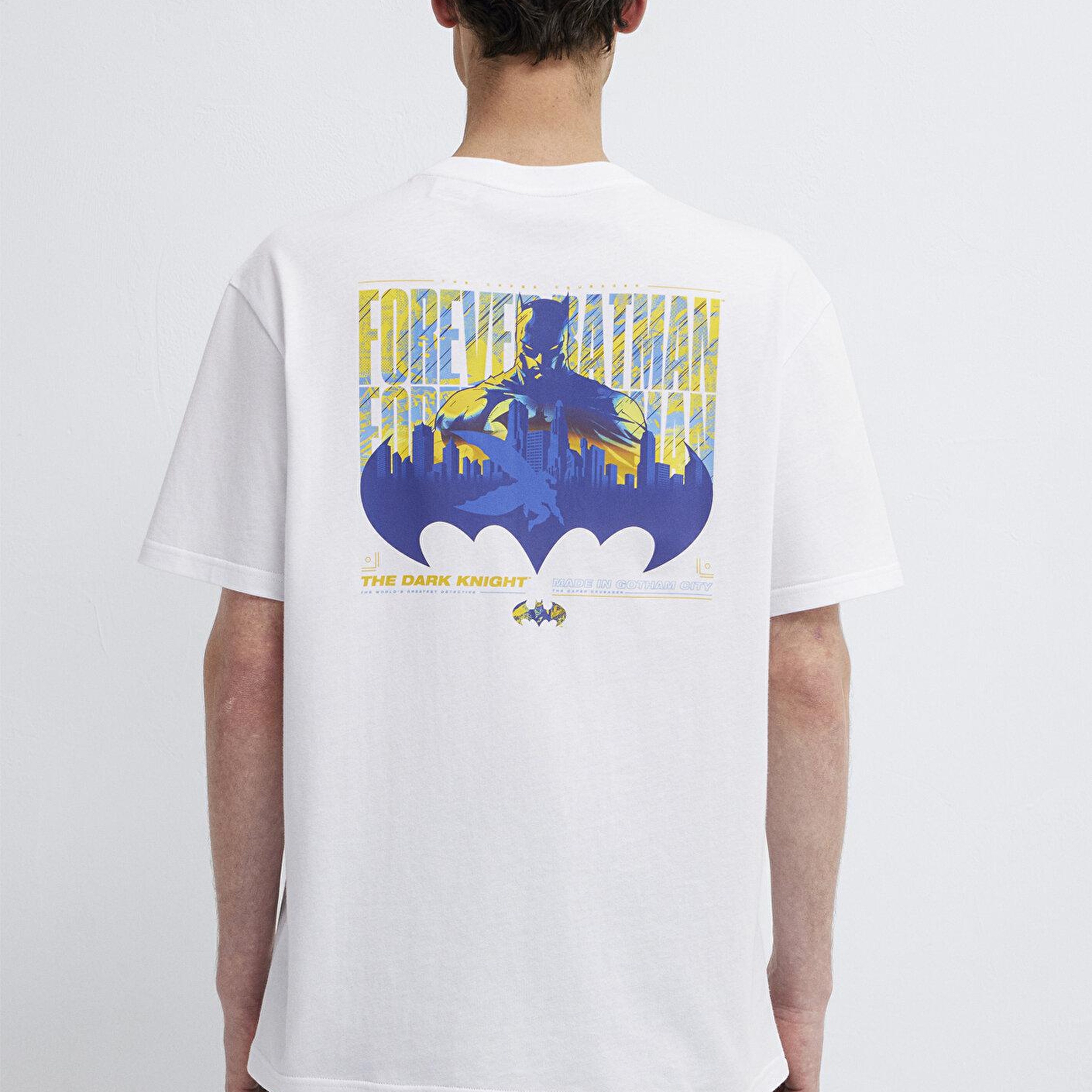 Mavi Batman Baskılı Beyaz Tişört Loose Fit / Bol Rahat Kesim 0613204-620