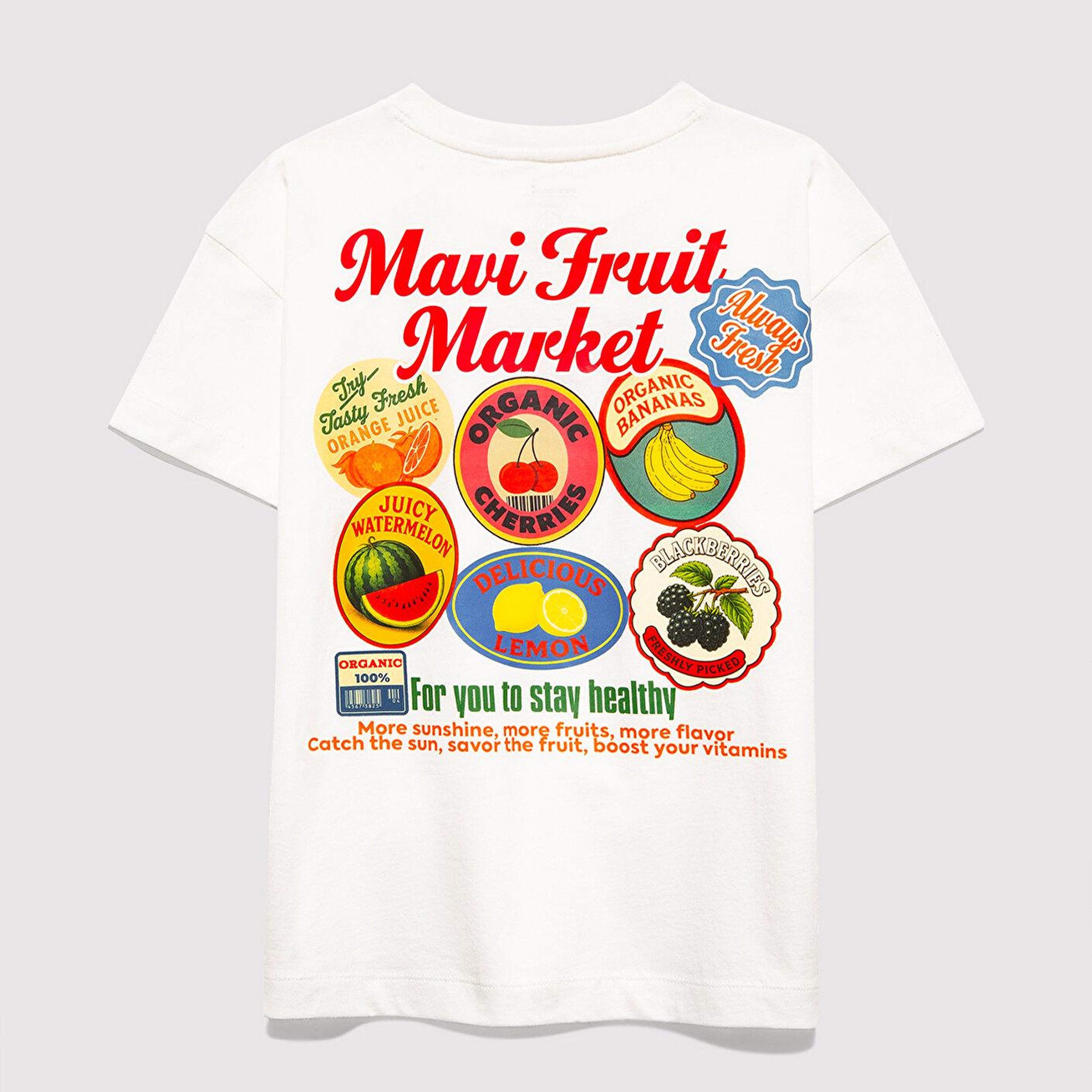 Mavi Baskılı Ekru Tişört Loose Fit / Bol Rahat Kesim 7610435-70057