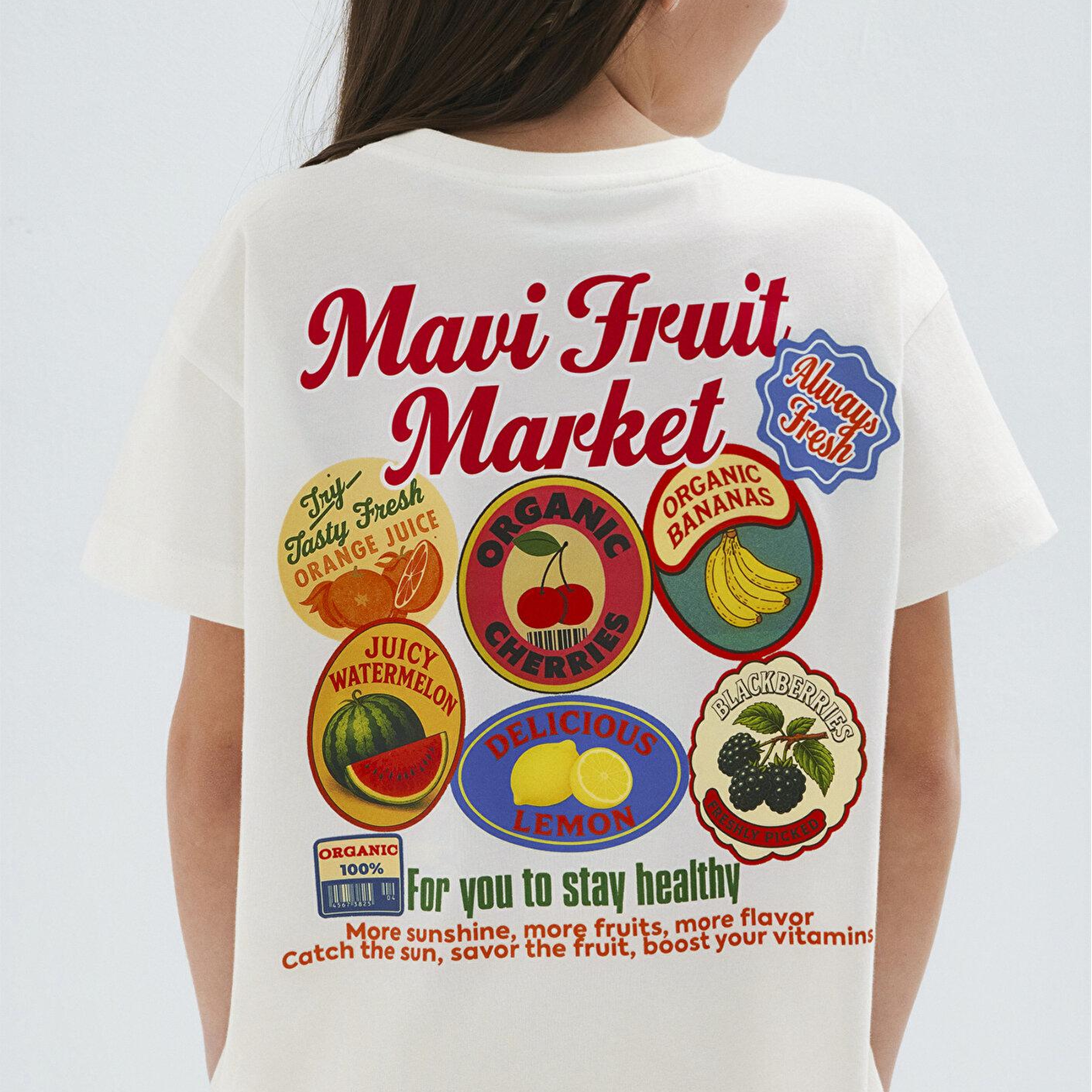 Mavi Baskılı Ekru Tişört Loose Fit / Bol Rahat Kesim 7610435-70057