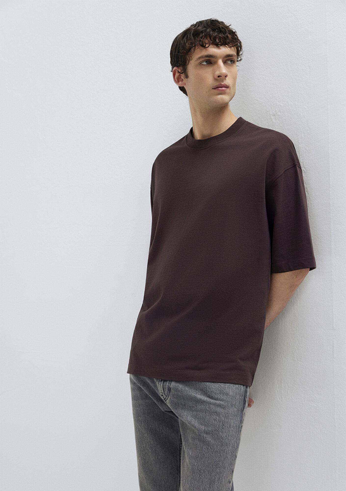 Mavi Bisiklet Yaka Kahverengi Basic Tişört Oversize / Geniş Kesim 0613113-88083