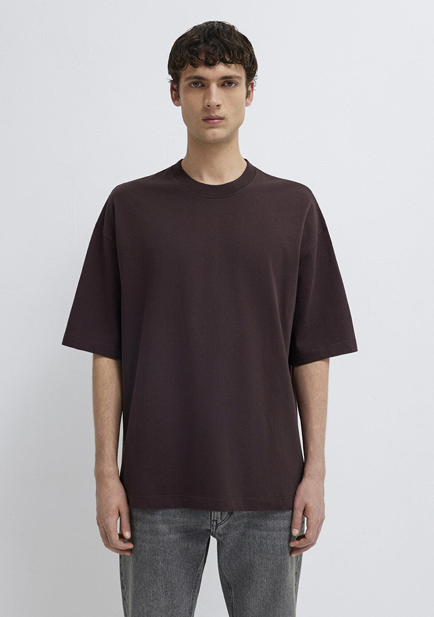Mavi Bisiklet Yaka Kahverengi Basic Tişört Oversize / Geniş Kesim 0613113-88083