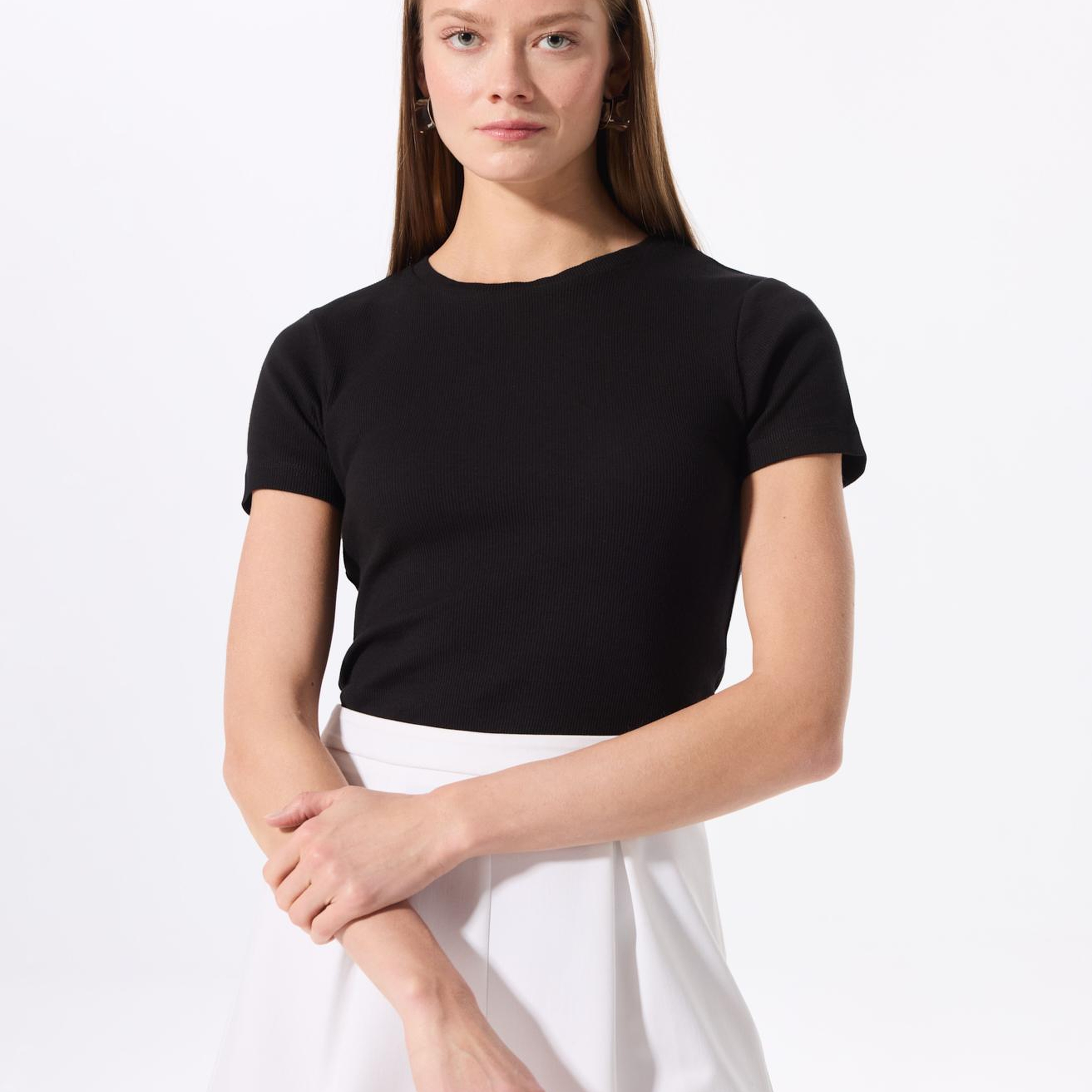 Fabrika Siyah Kadın Bisiklet Yaka Basic T-Shirt TEO