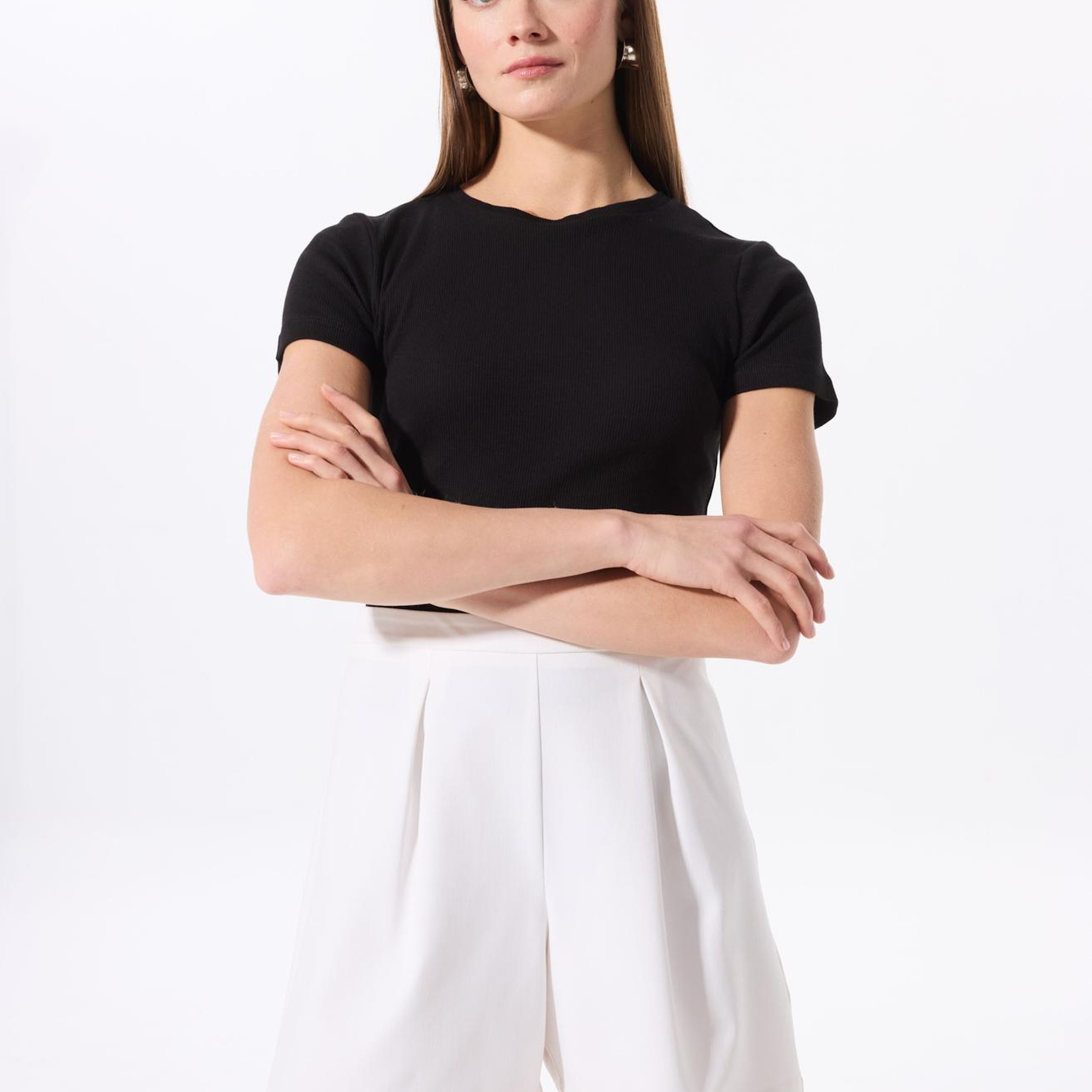 Fabrika Siyah Kadın Bisiklet Yaka Basic T-Shirt TEO
