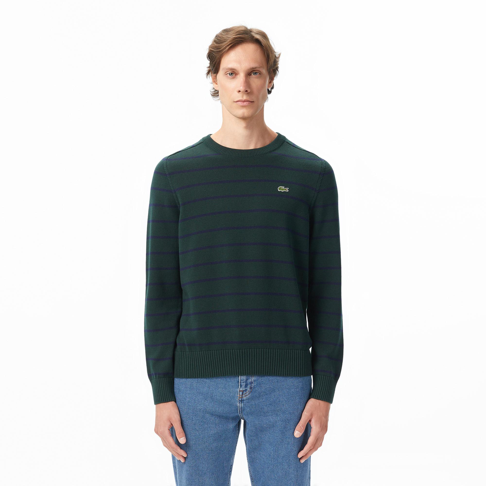 Lacoste Erkek Classic Fit Bisiklet Yaka Çizgili Yeşil Kazak