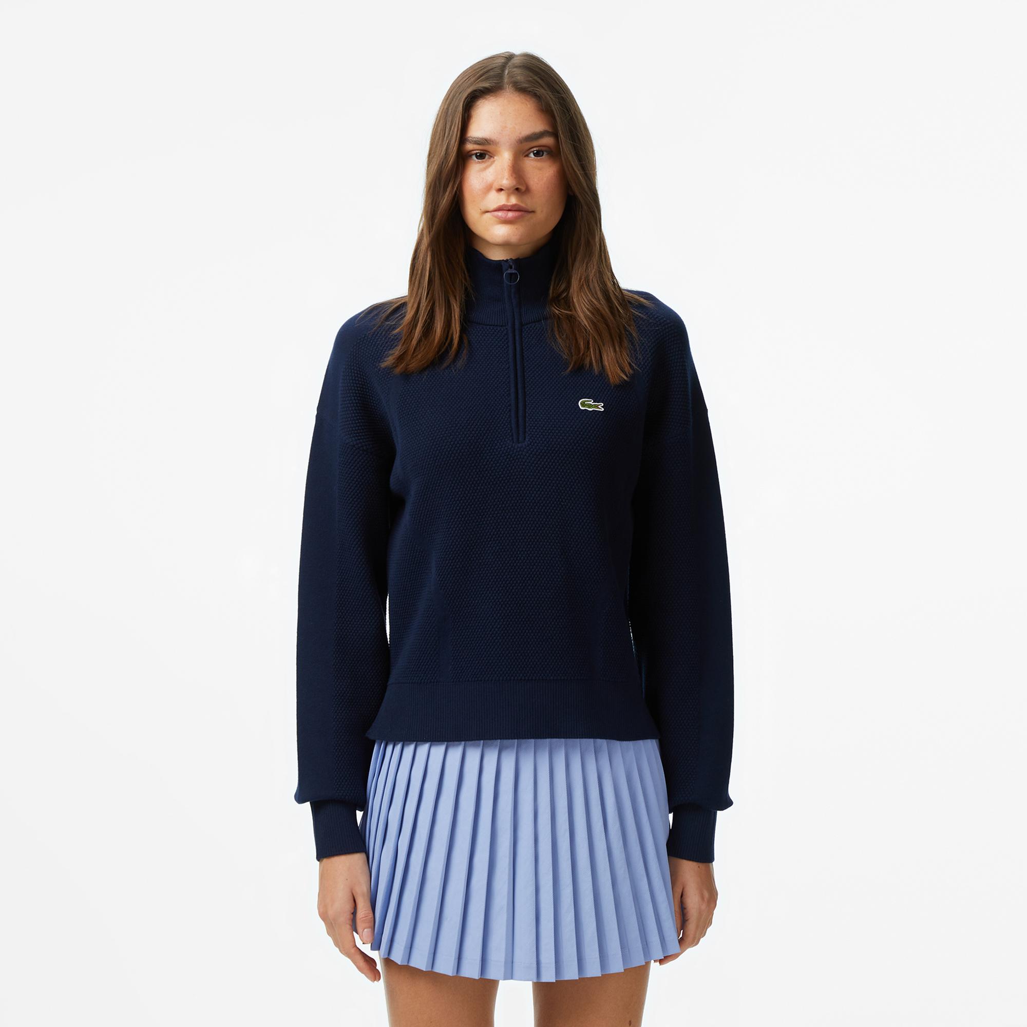 Lacoste Kadın Relaxed Fit Yarım Fermuarlı Lacivert Kazak