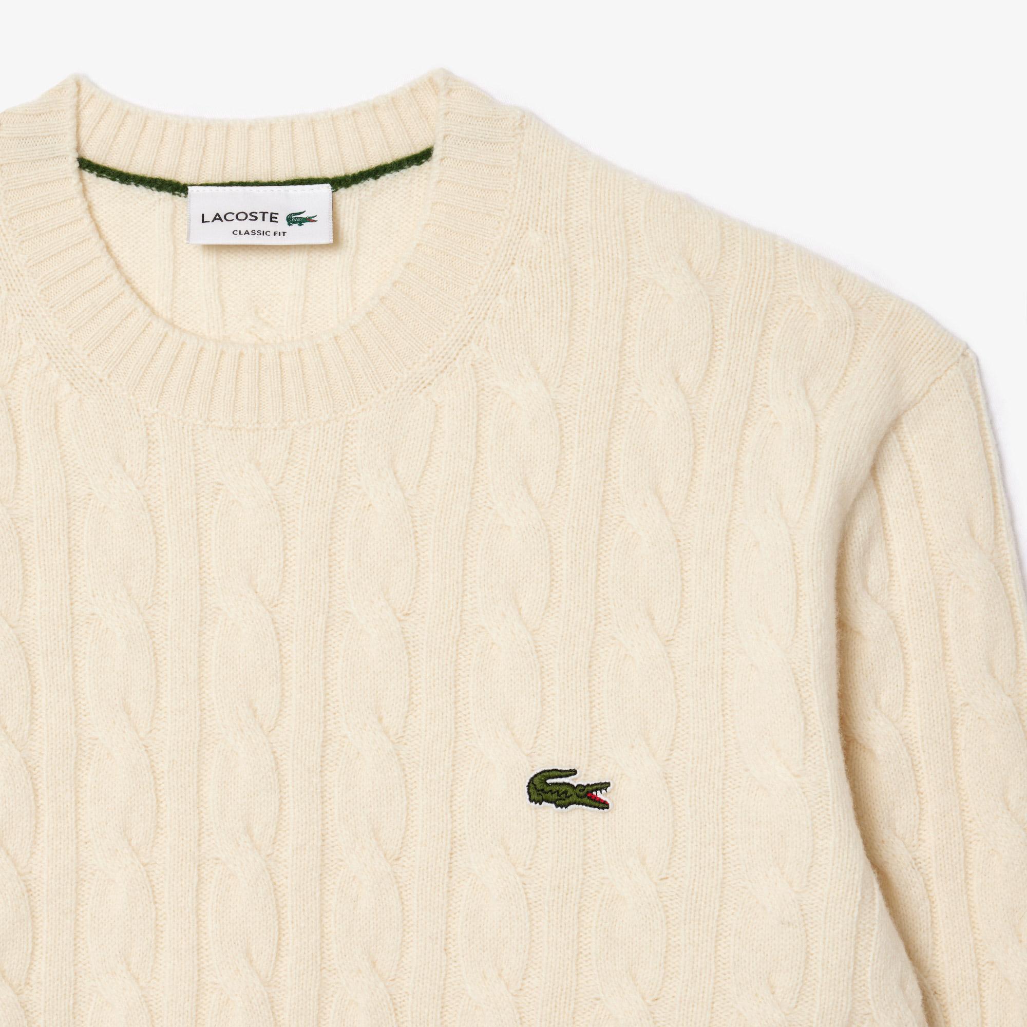 Lacoste Erkek Classic Fit Bisiklet Yaka Desenli Krem Kazak