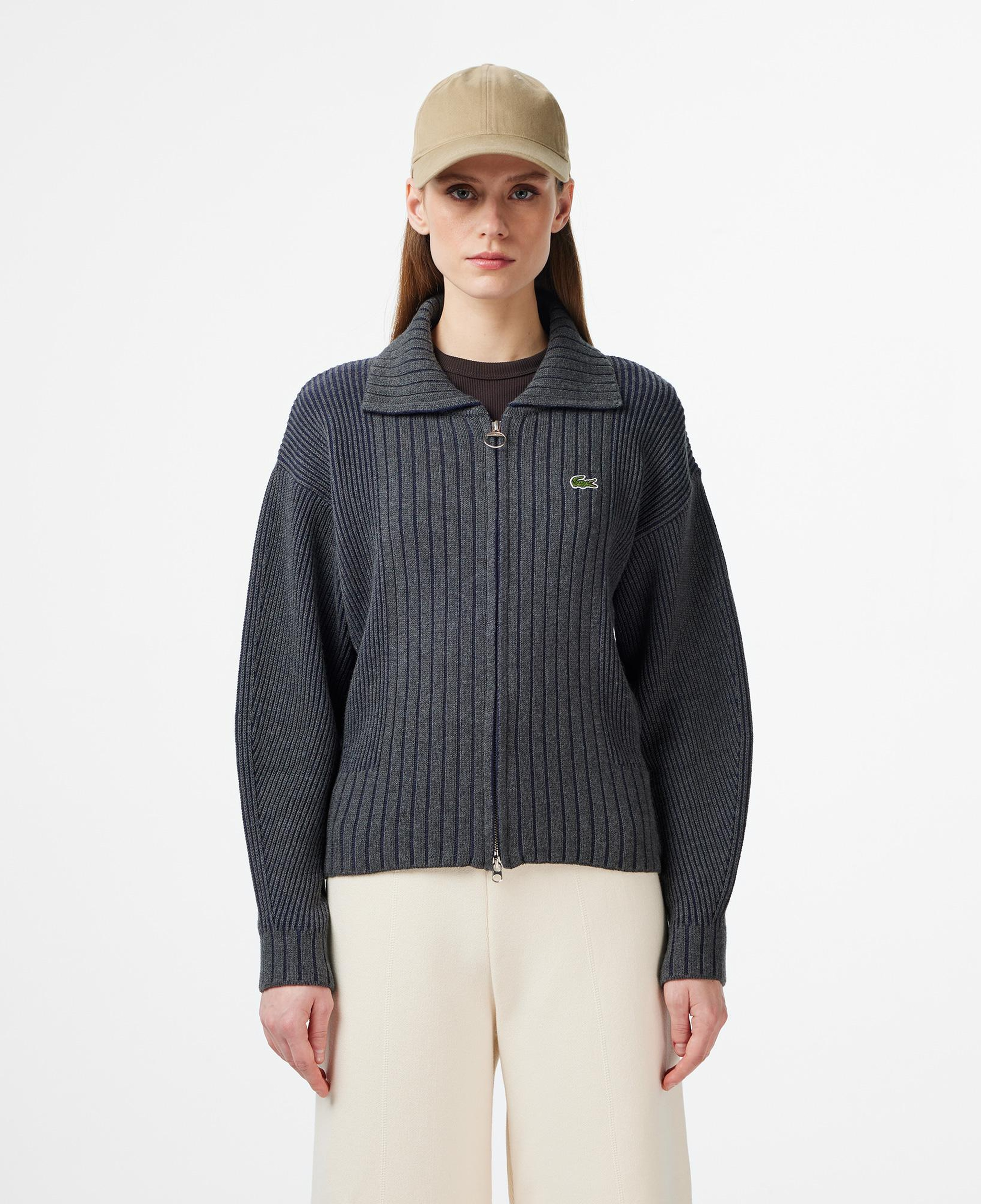 Lacoste Kadın Relaxed Fit Fermuarlı Gri Hırka
