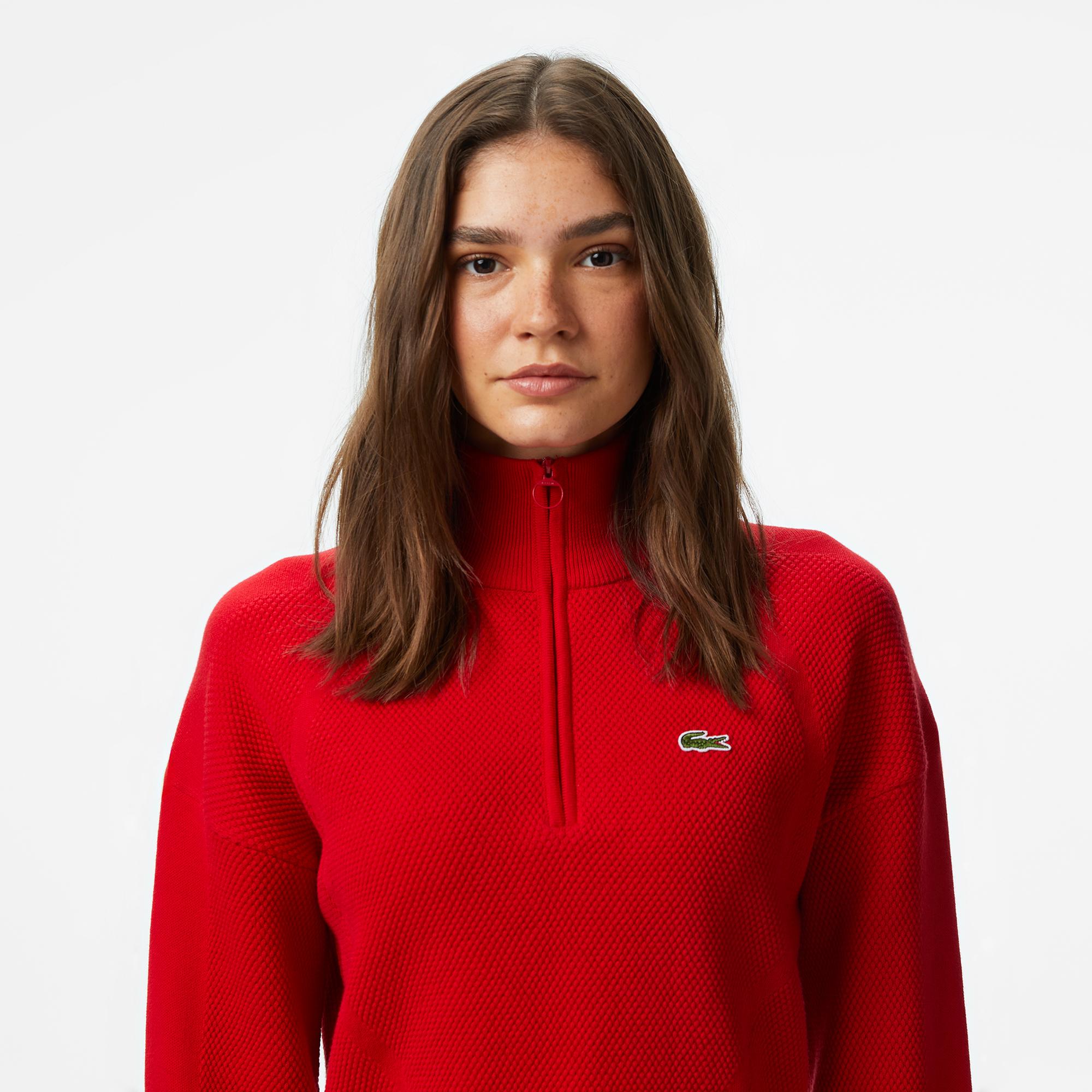 Lacoste Kadın Relaxed Fit Yarım Fermuarlı Kırmızı Kazak