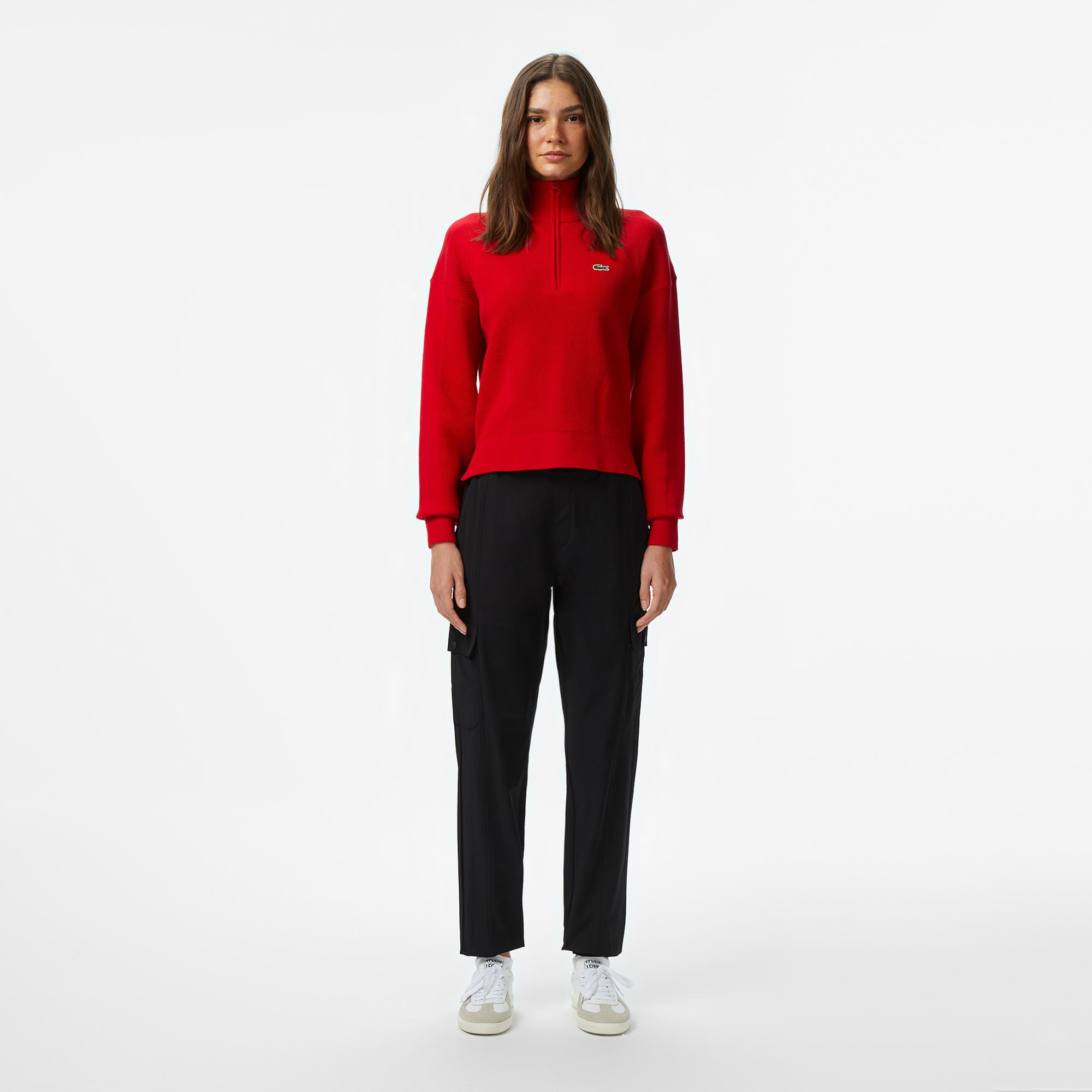 Lacoste Kadın Relaxed Fit Yarım Fermuarlı Kırmızı Kazak