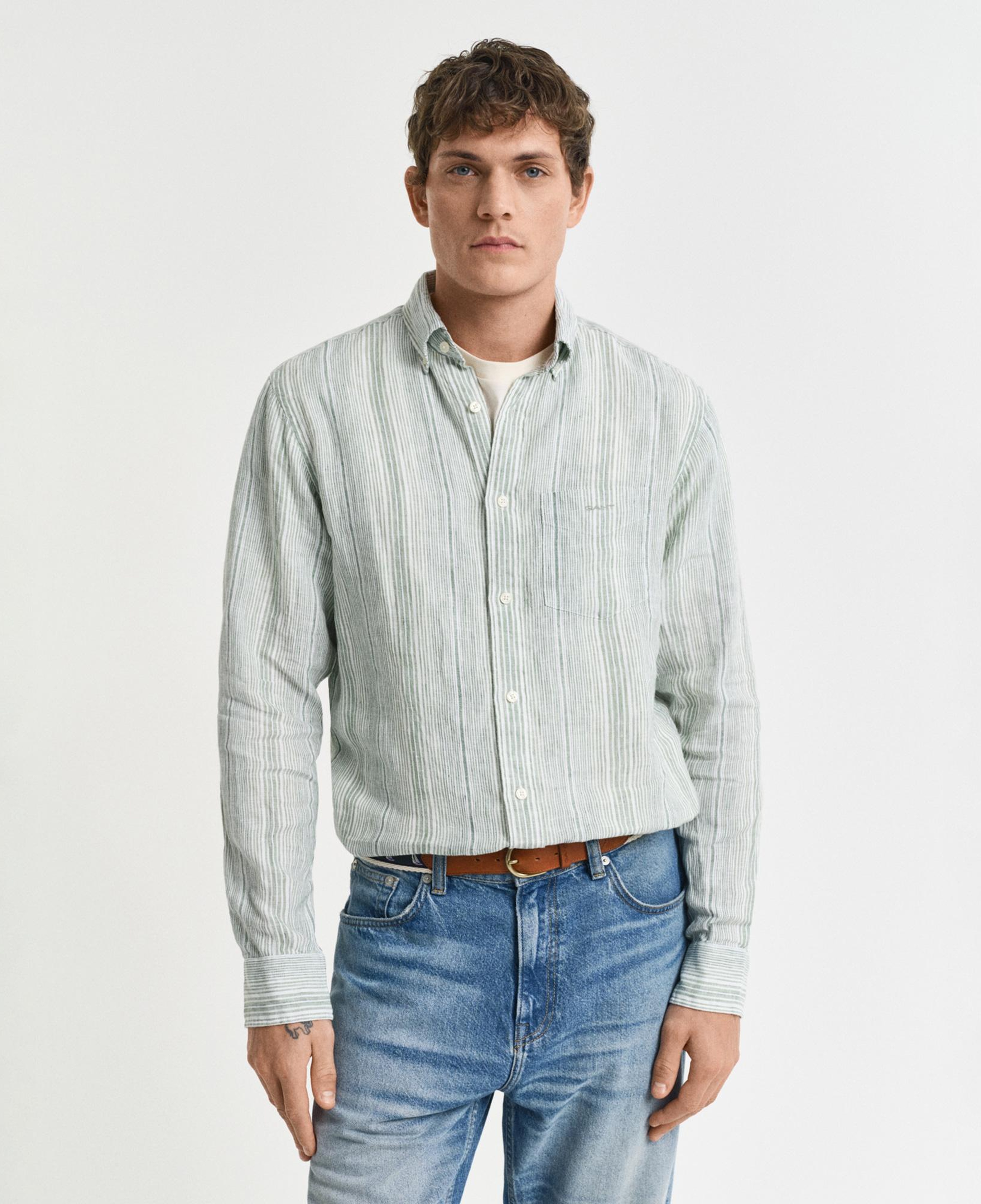 GANT Erkek Yeşil Regular Fit Düğmeli Yaka Çizgili Gömlek