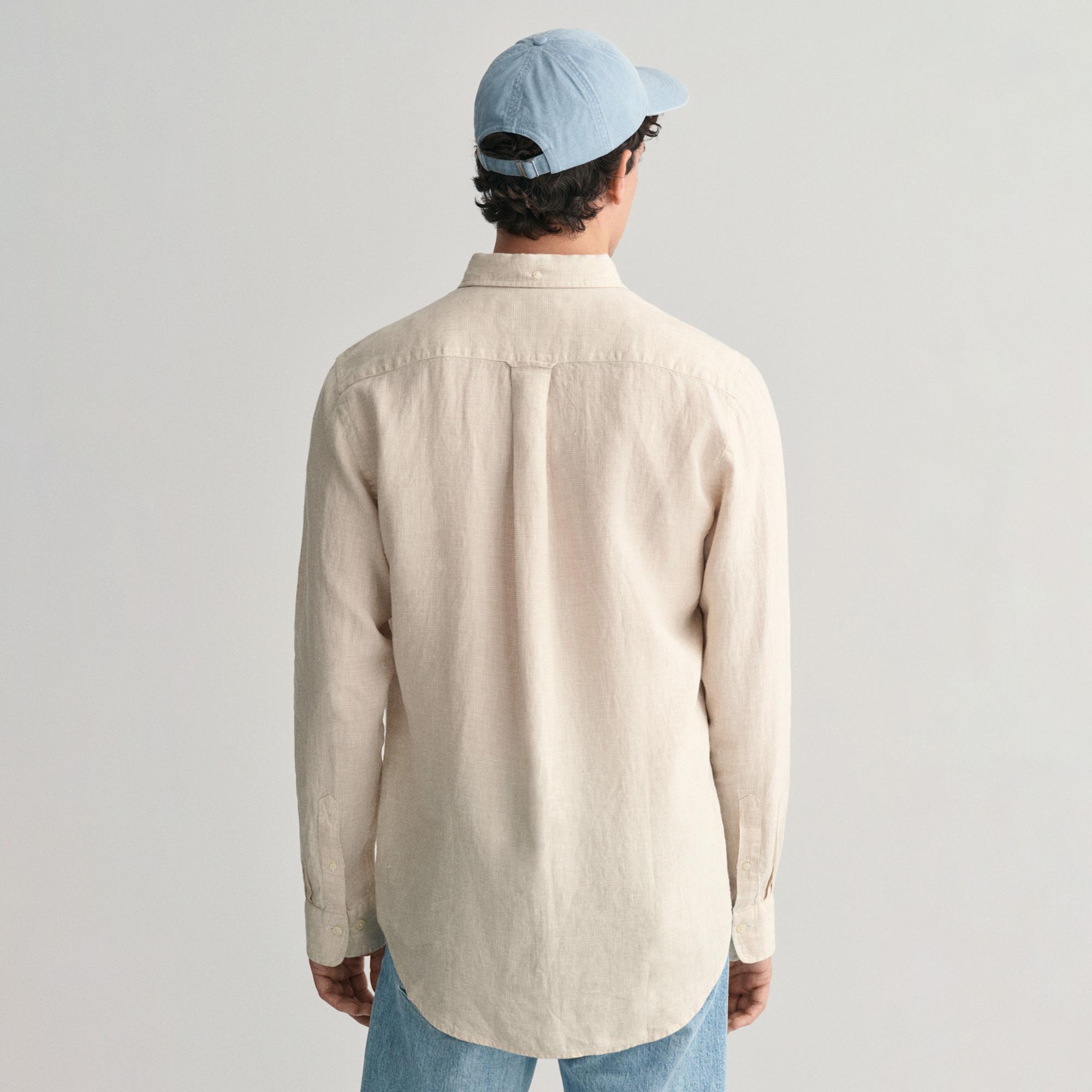 GANT Erkek Bej Regular Fit Düğmeli Yaka Kareli Keten Gömlek
