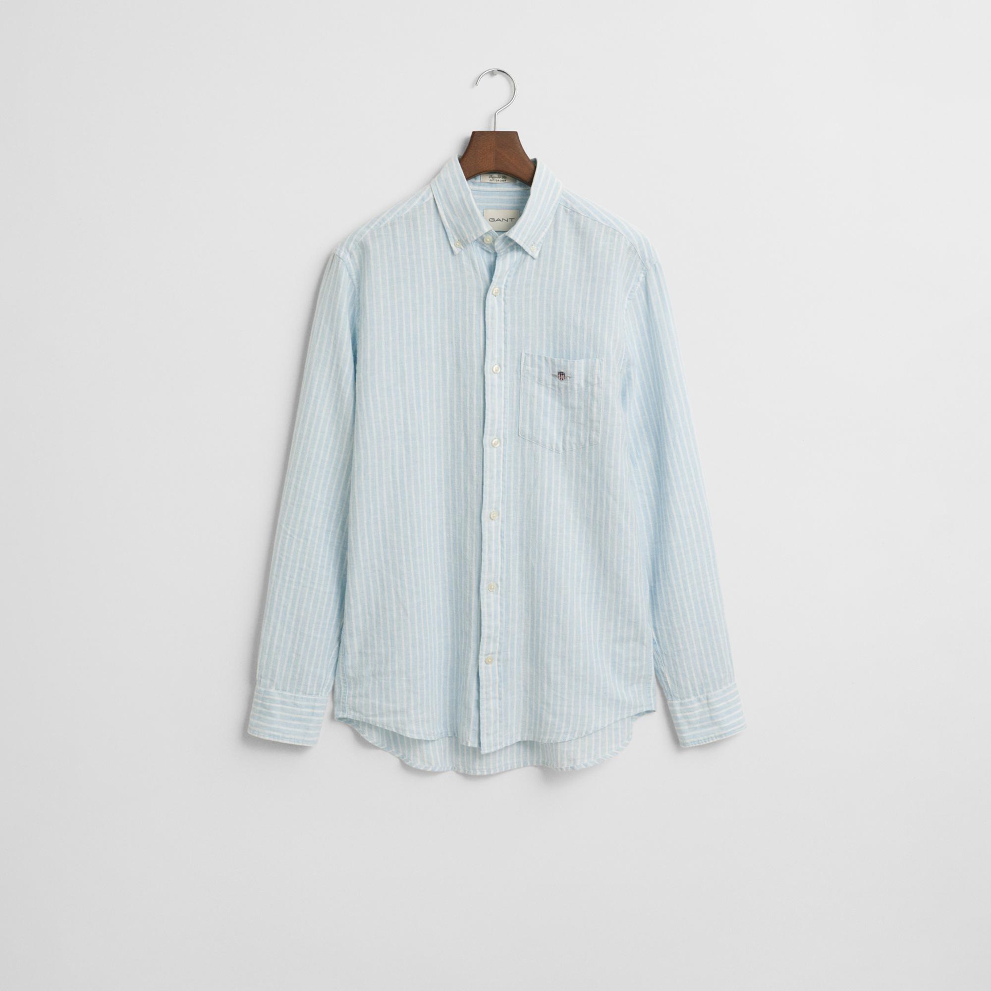 GANT Erkek Mavi Regular Fit Düğmeli Yaka Çizgili Keten Gömlek