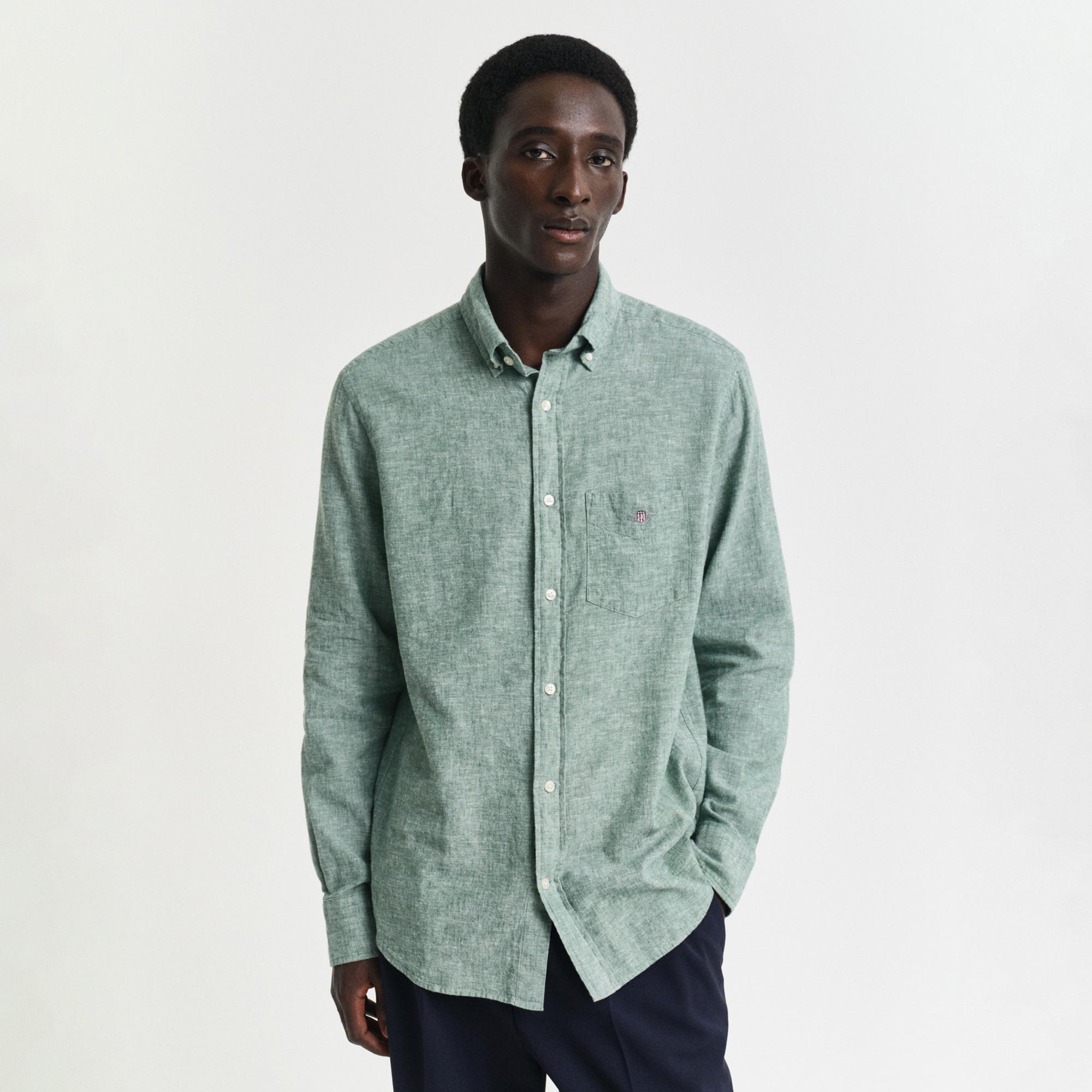 GANT Erkek Yeşil Regular Fit Düğmeli Yaka Keten Gömlek