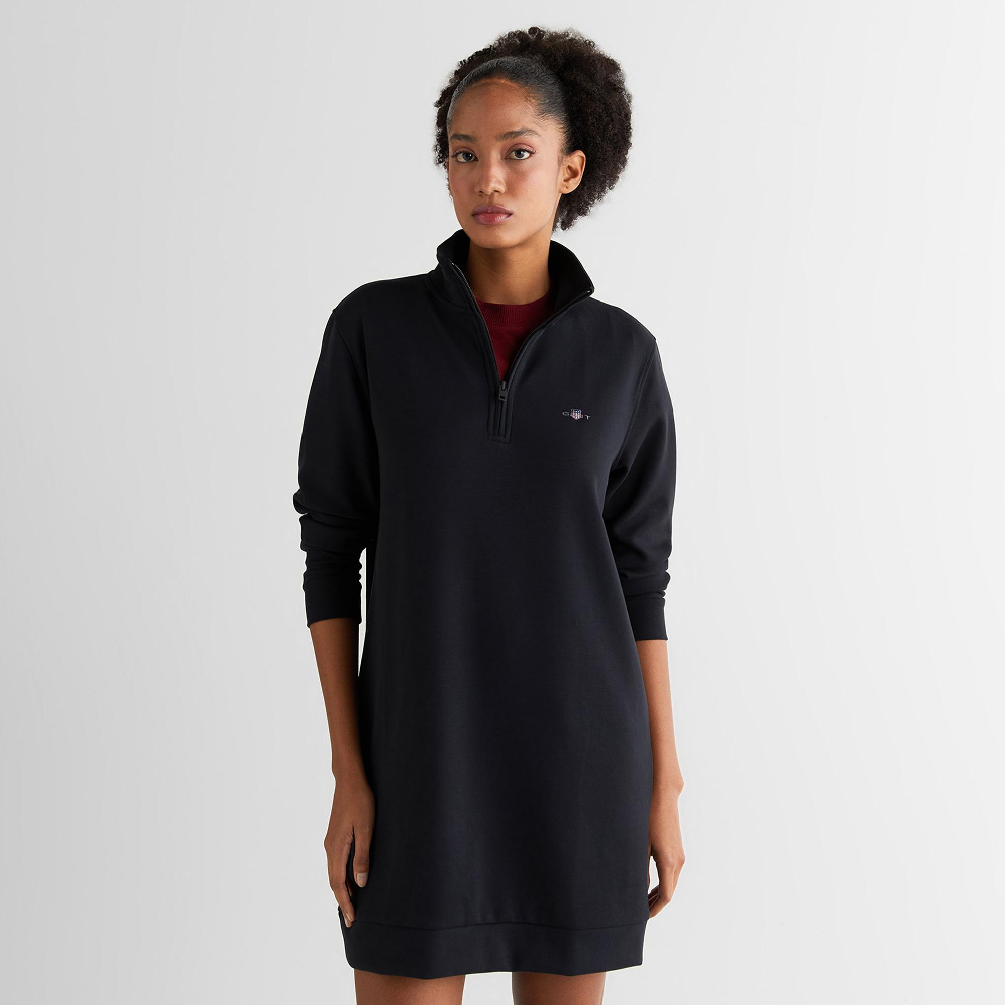 GANT Kadın Siyah Regular Fit Yarım Fermuarlı Elbise