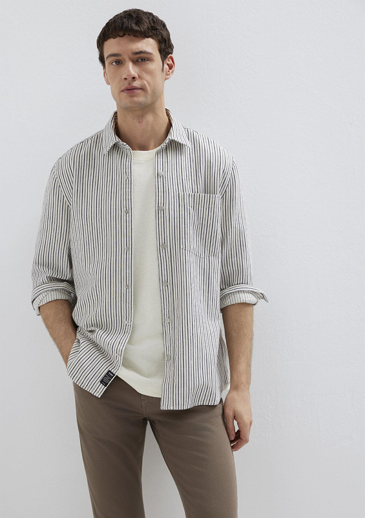 Mavi Çizgili Beyaz Gömlek Regular Fit / Normal Kesim 0211914-18790