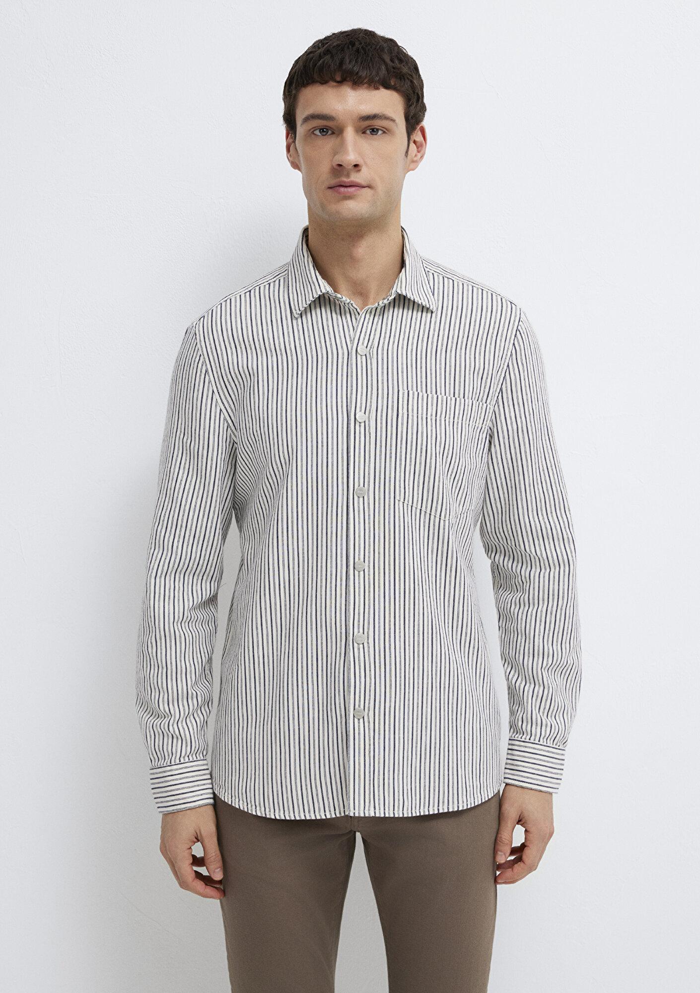 Mavi Çizgili Beyaz Gömlek Regular Fit / Normal Kesim 0211914-18790