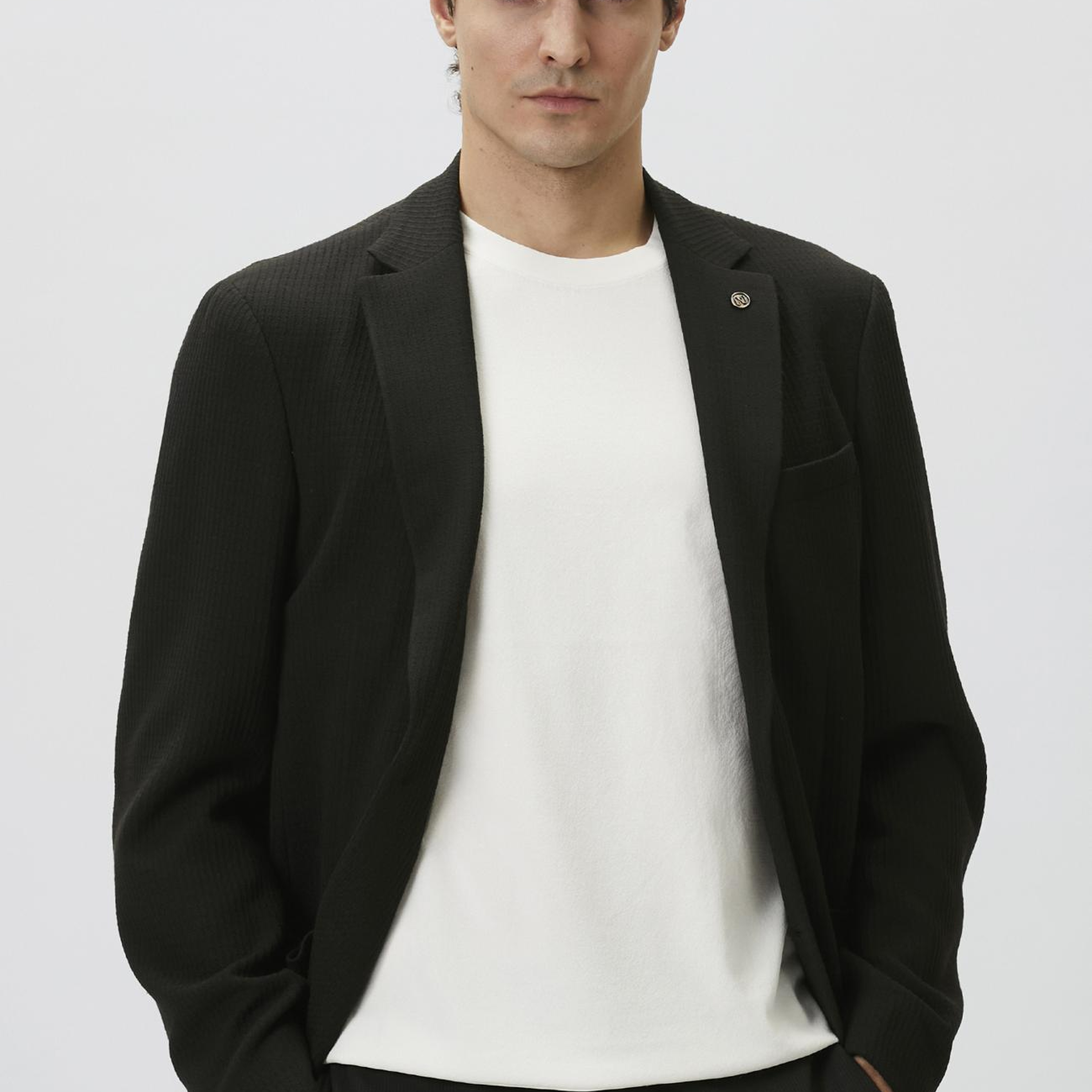 Network Erkek Slim Fit Siyah Mono Yaka Gofreli Örme Ceket