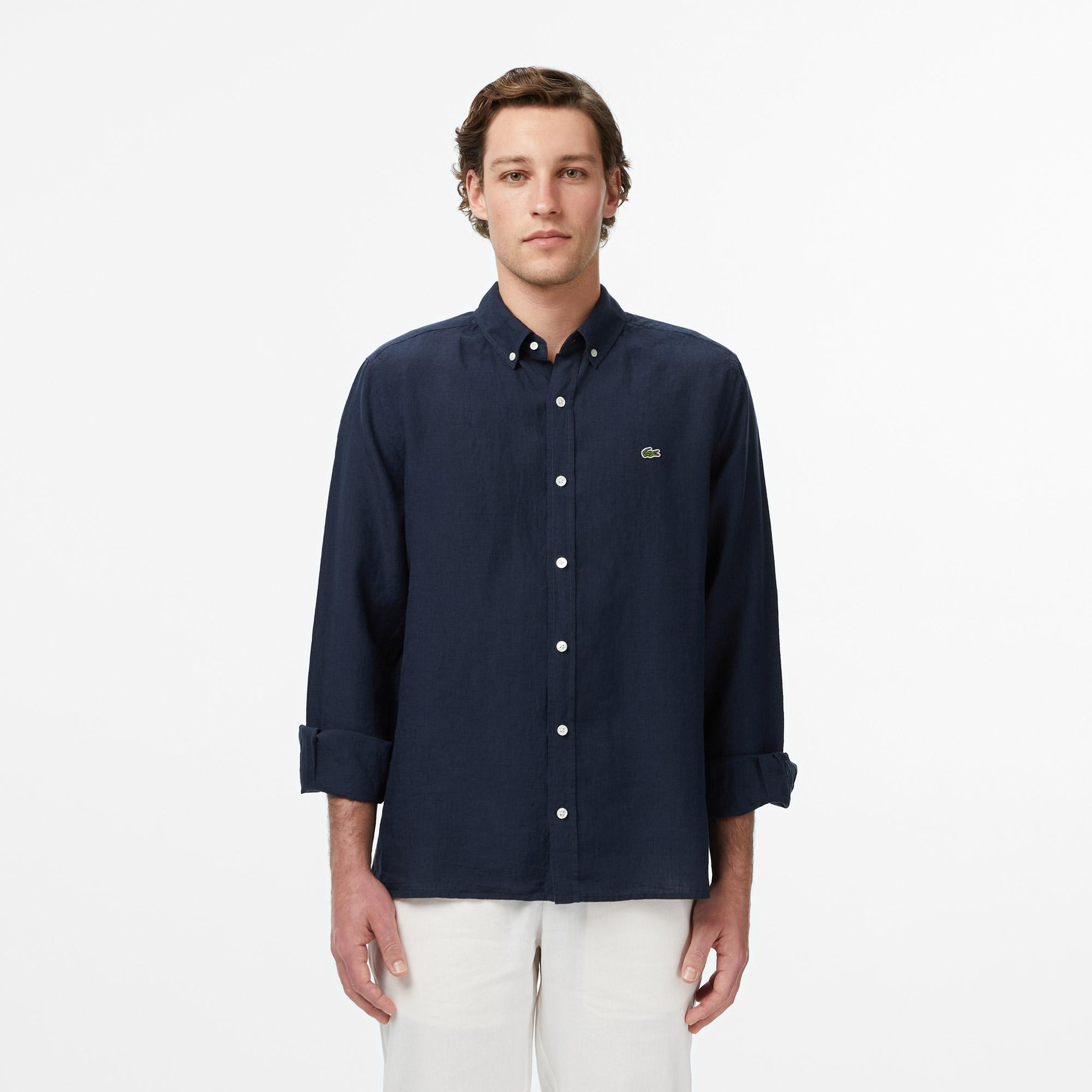 Lacoste Erkek Regular Fit Düğmeli Yaka Keten Lacivert Gömlek