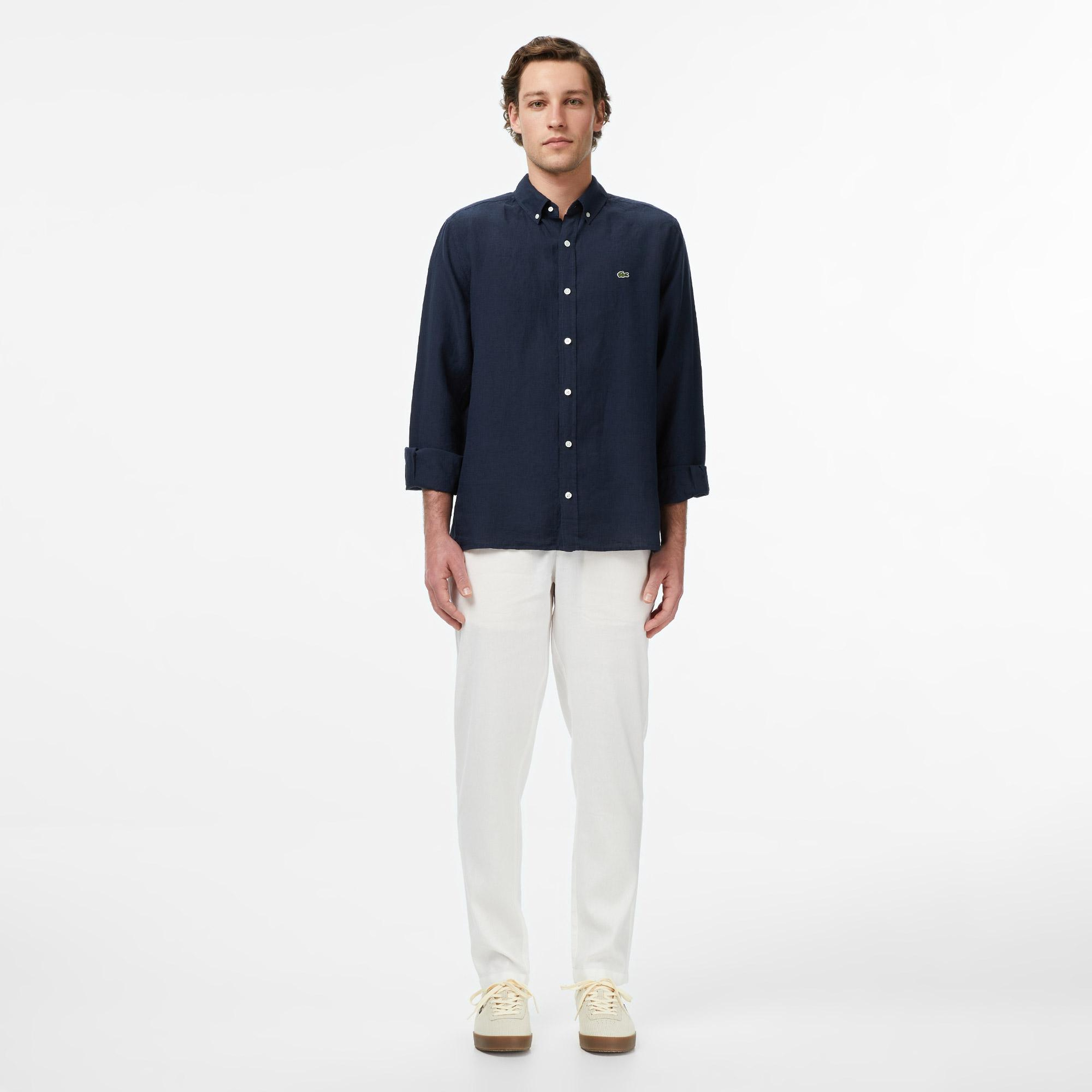 Lacoste Erkek Regular Fit Düğmeli Yaka Keten Lacivert Gömlek