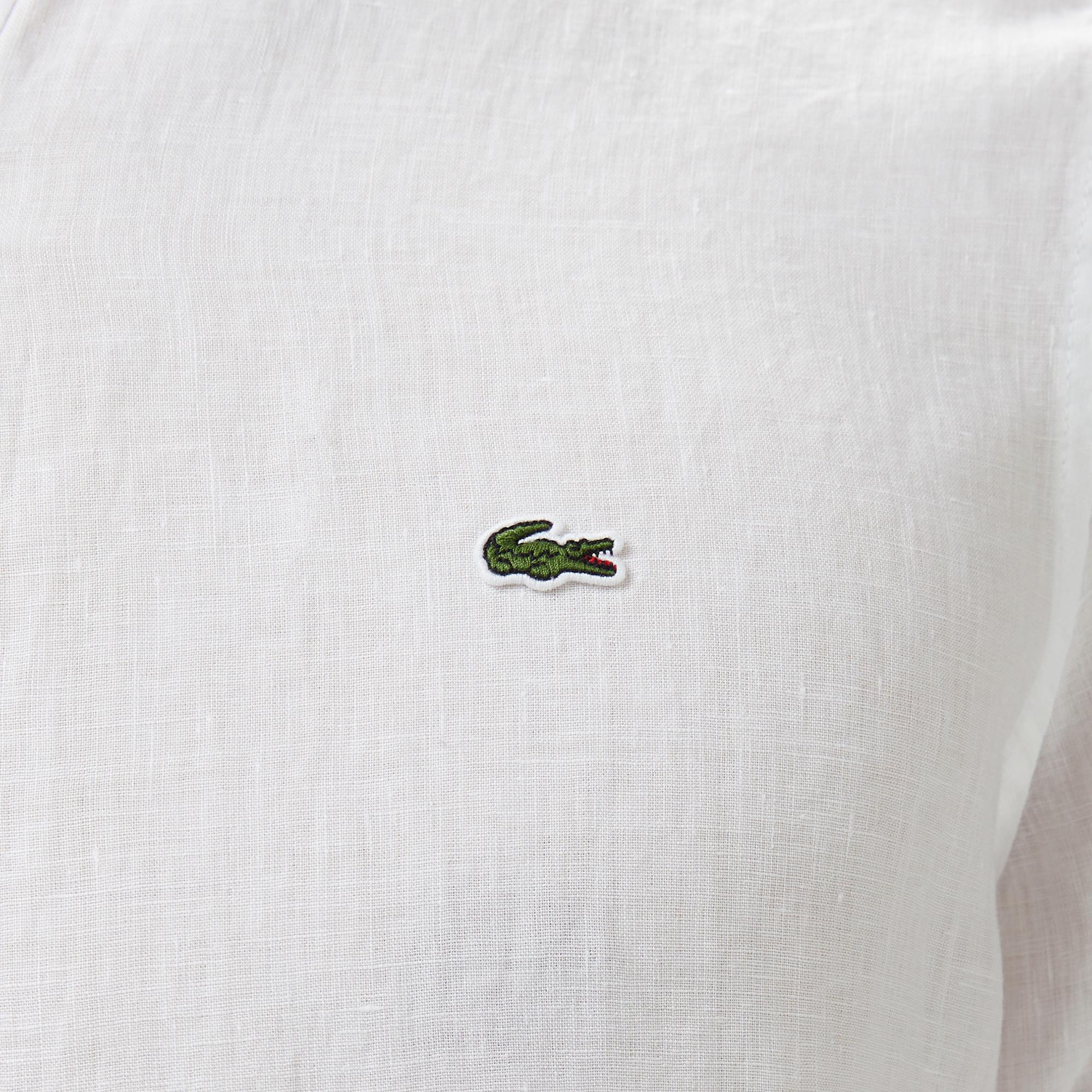 Lacoste Erkek Regular Fit Düğmeli Yaka Keten Beyaz Gömlek
