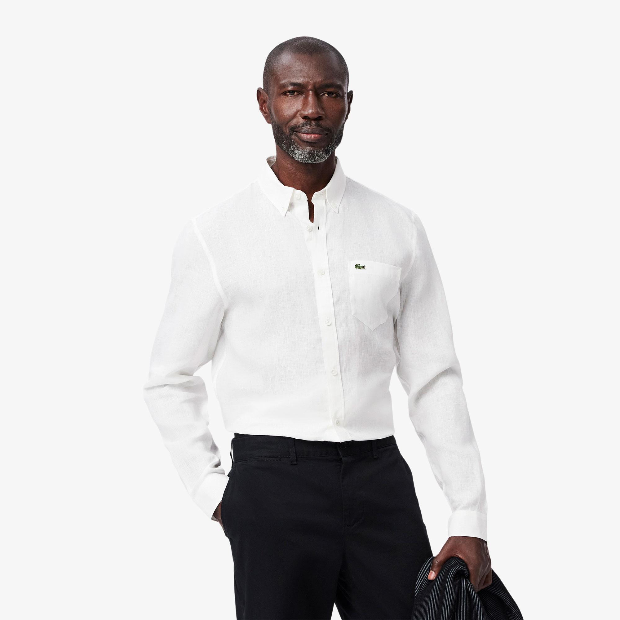 Lacoste Erkek Regular Fit Düğmeli Yaka Keten Beyaz Gömlek